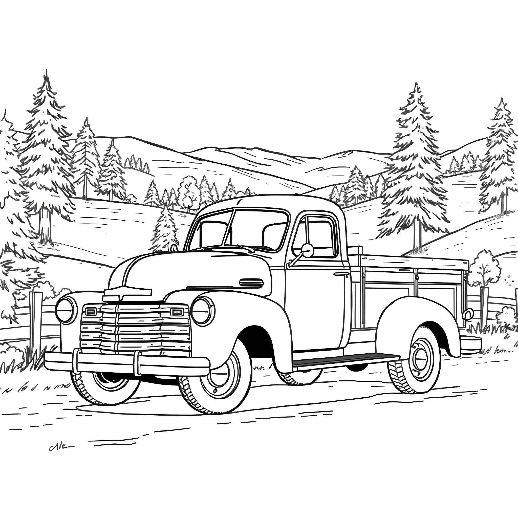 Truck on the winding mountain road Coloring Page (free black-and-white line drawing printable PDF for all, from beginners to advanced learners, including children, teens, adults, and seniors)