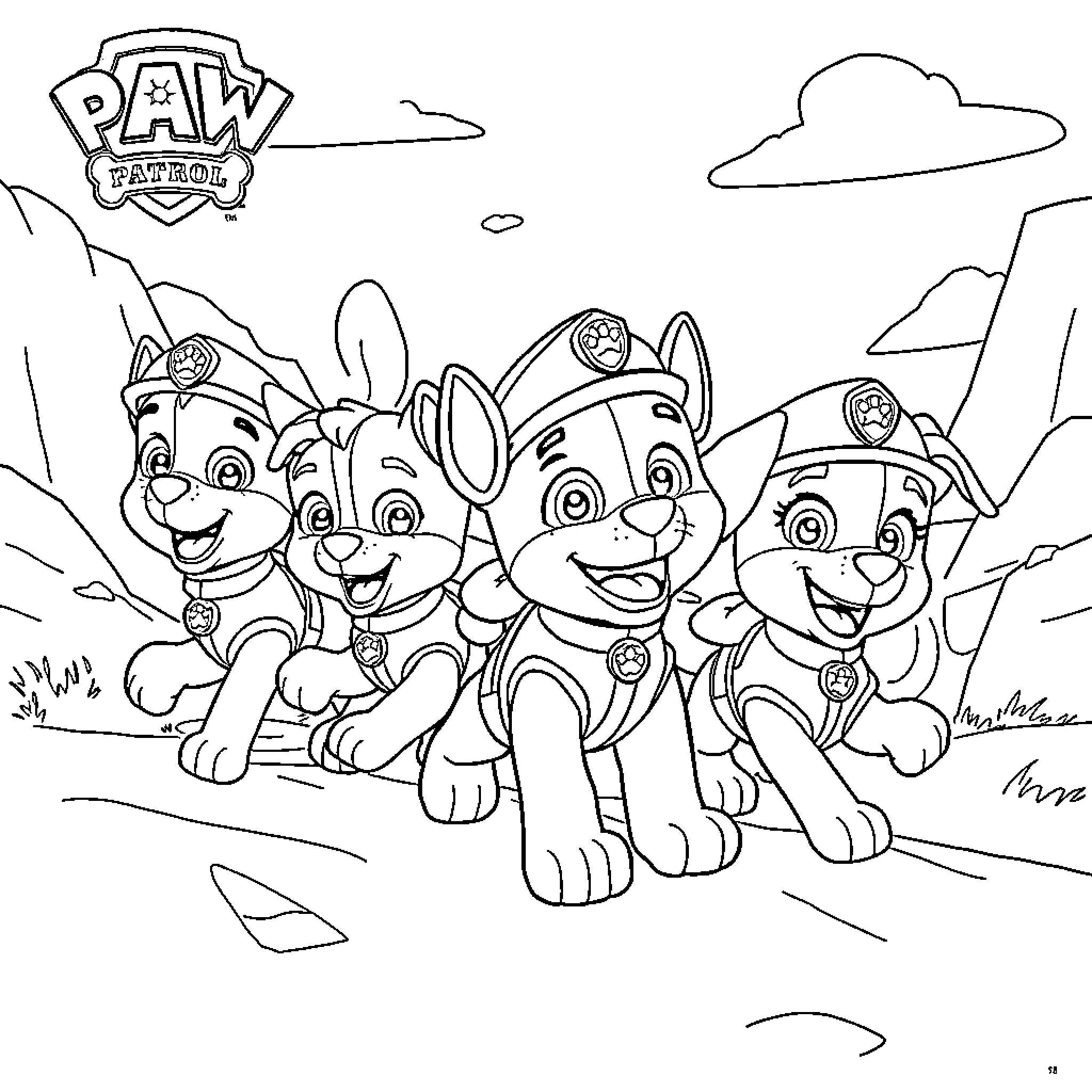Paw Patrol Pups Exploring the Outdoors Coloring Page (free black-and-white line drawing printable PDF for all, from beginners to advanced learners, including children, teens, adults, and seniors)