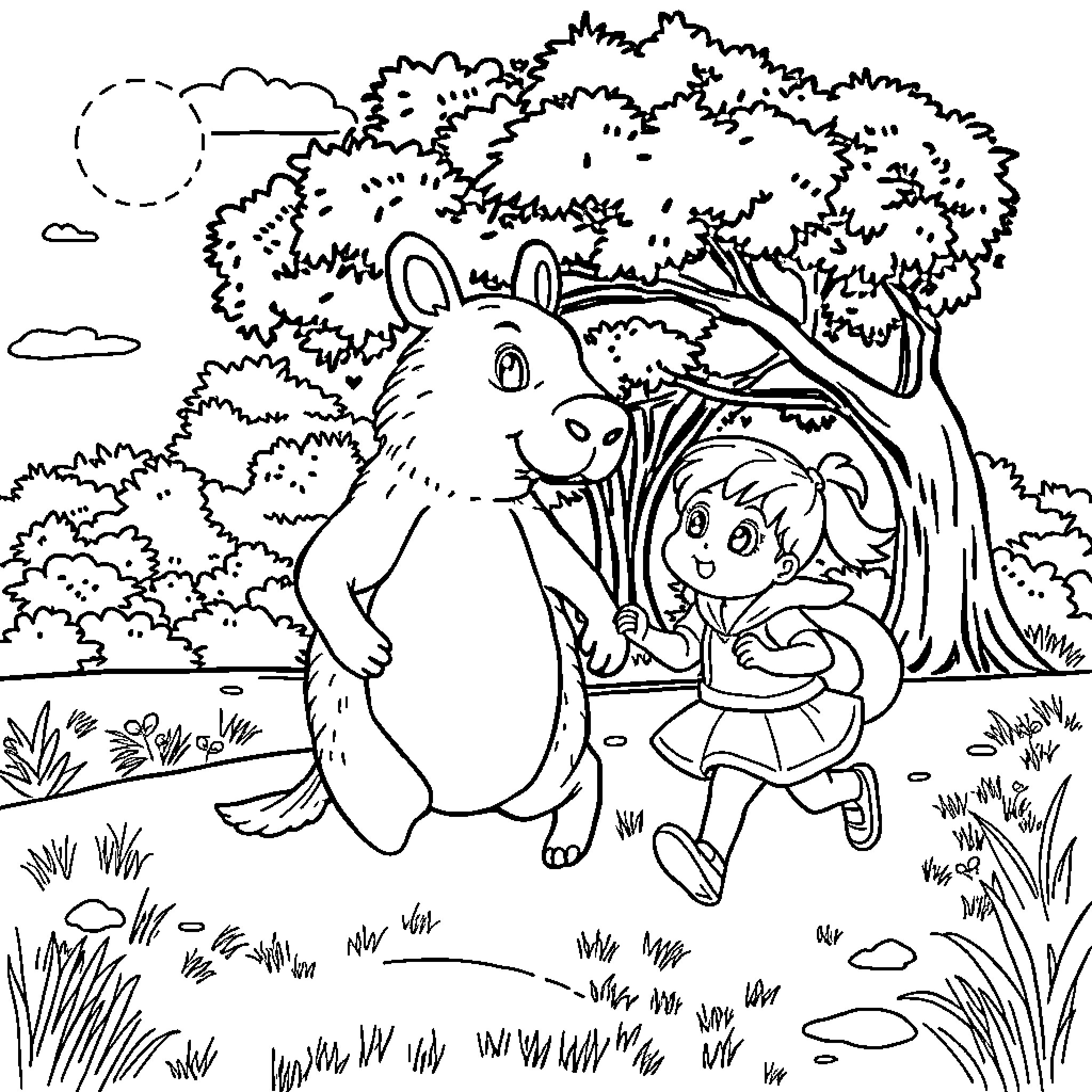 Capybara and Girl Exploring the Outdoors Coloring Page (free black-and-white line drawing printable PDF for all, from beginners to advanced learners, including children, teens, adults, and seniors)