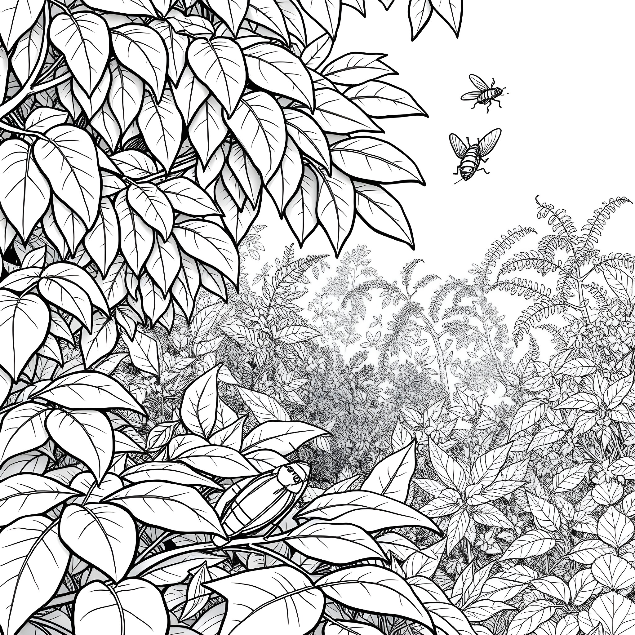 Cockroach among lush foliage and insects Coloring Page (free black-and-white line drawing printable PDF for all, from beginners to advanced learners, including children, teens, adults, and seniors)