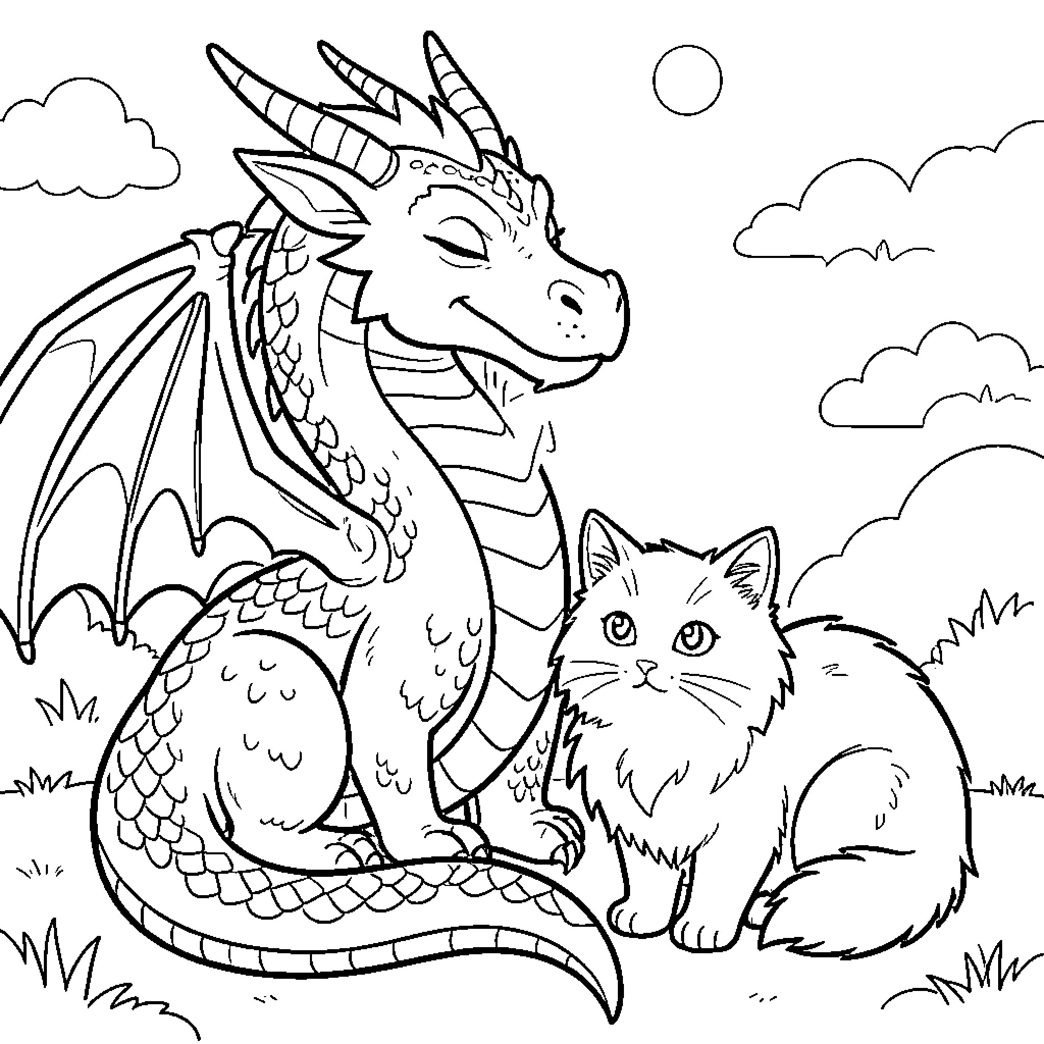 Dragon resting peacefully with a cat companion Coloring Page (free black-and-white line drawing printable PDF for all, from beginners to advanced learners, including children, teens, adults, and seniors)