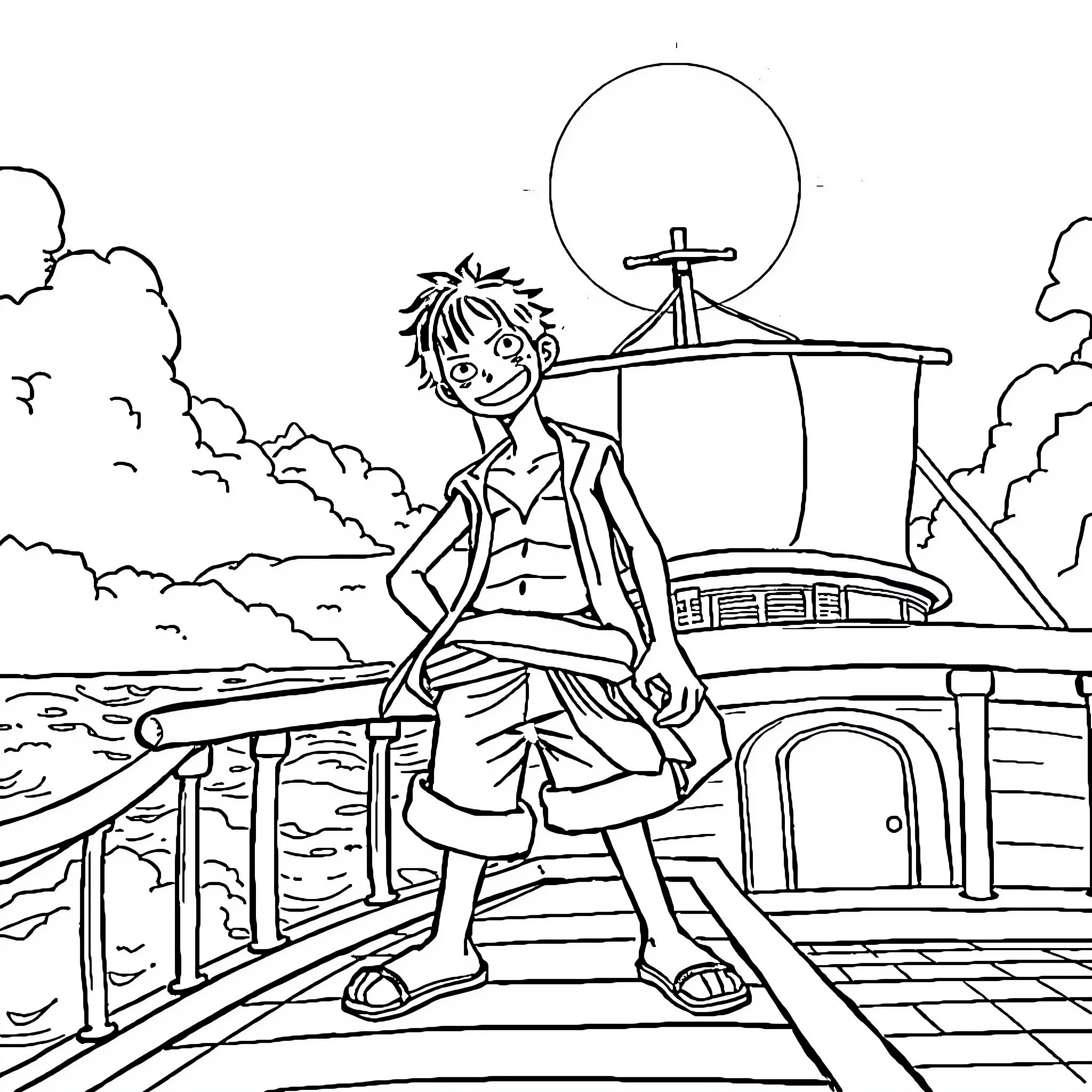 Monkey D Luffy standing on ship deck with helm Coloring Page (free black-and-white line drawing printable PDF for all, from beginners to advanced learners, including children, teens, adults, and seniors)