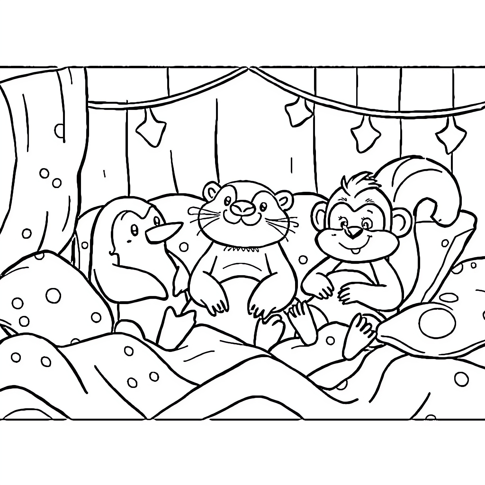 Penguin friends enjoying a snowy adventure Coloring Page (free black-and-white line drawing printable PDF for all, from beginners to advanced learners, including children, teens, adults, and seniors)