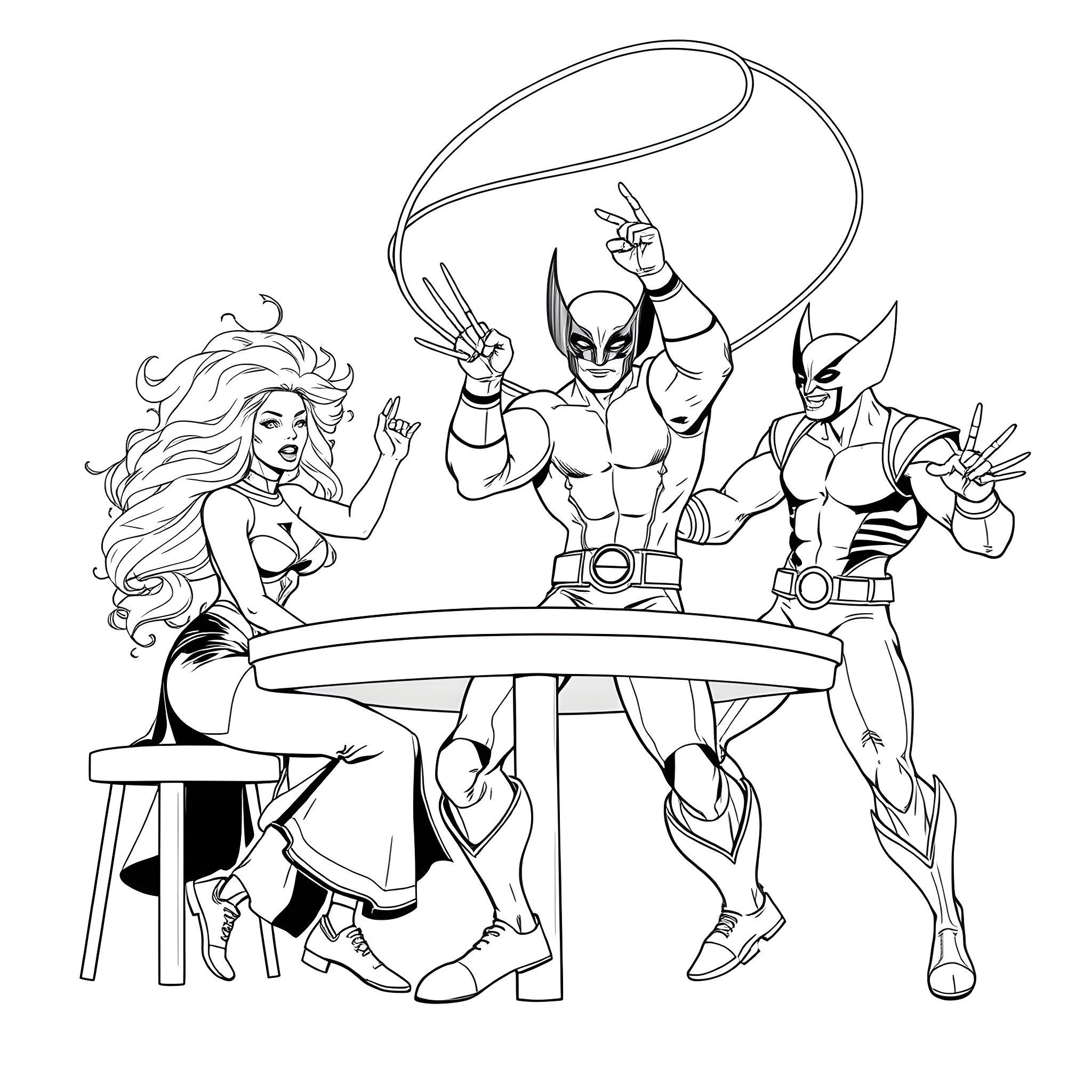 X-Men Superheroes Gather for Action and Adventure Coloring Page (free black-and-white line drawing printable PDF for all, from beginners to advanced learners, including children, teens, adults, and seniors)