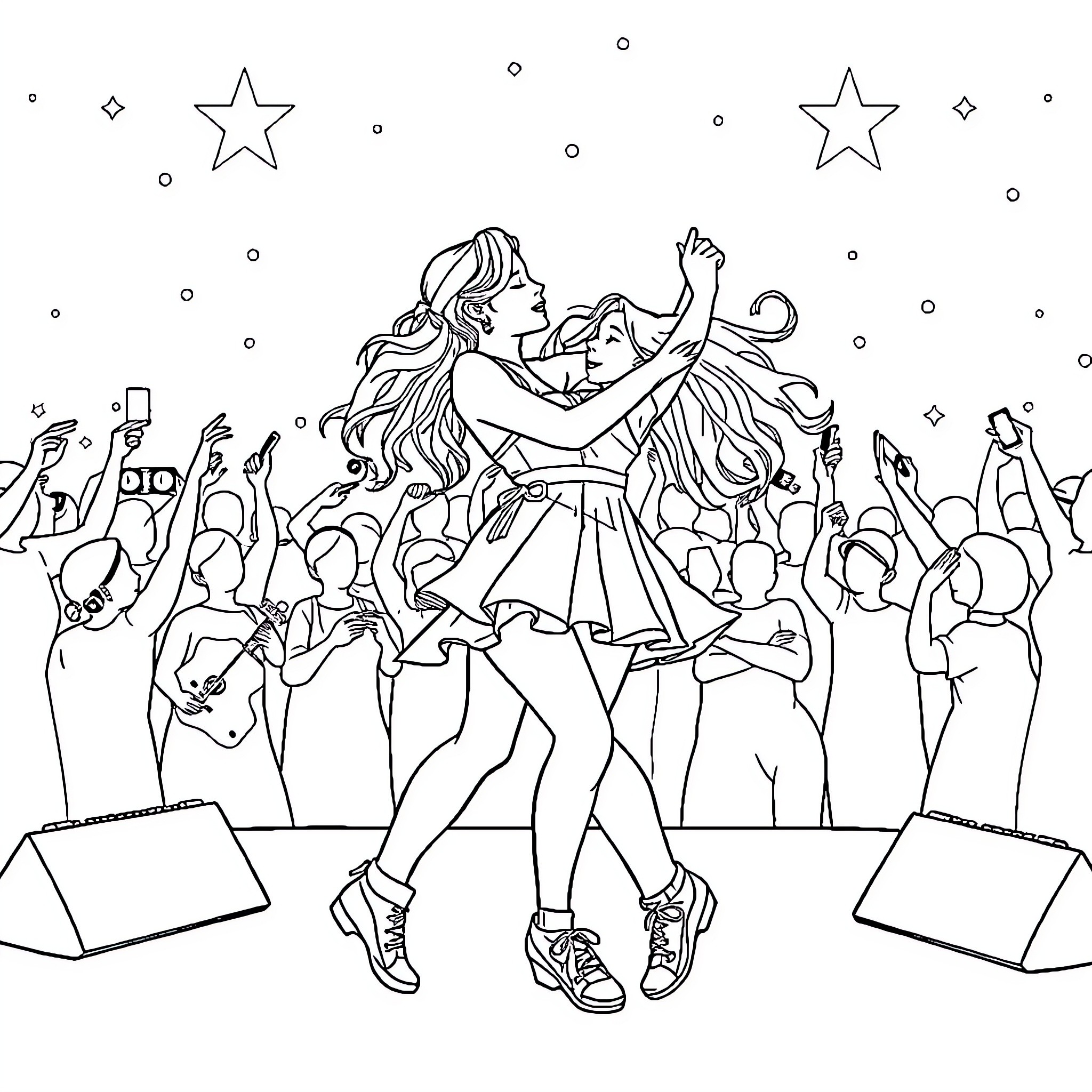 Rumi's Lively Musical Performance on Stage Coloring Page (free black-and-white line drawing printable PDF for all, from beginners to advanced learners, including children, teens, adults, and seniors)