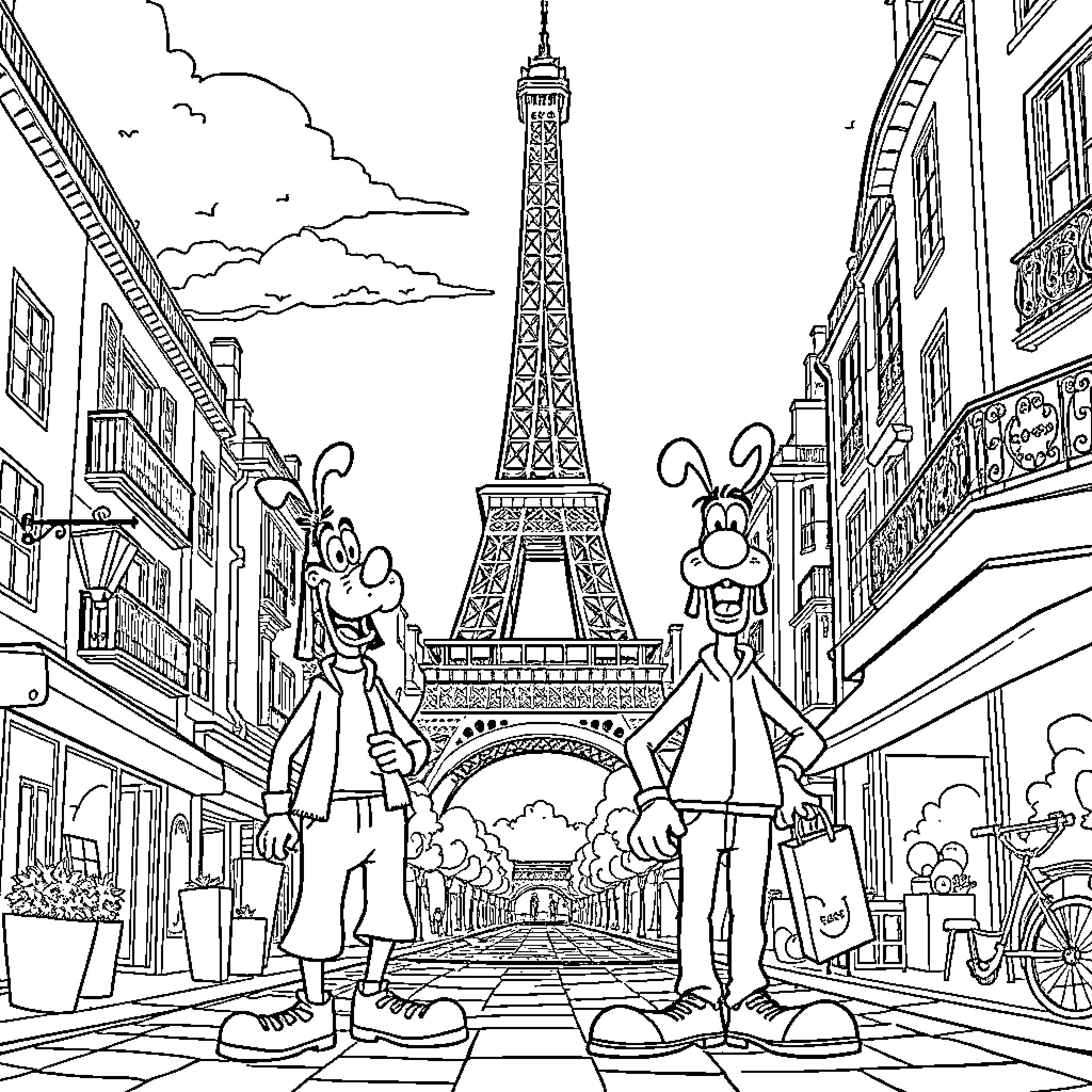 Goofy Movie Characters Exploring the Streets of Paris Coloring Page (free black-and-white line drawing printable PDF for all, from beginners to advanced learners, including children, teens, adults, and seniors)