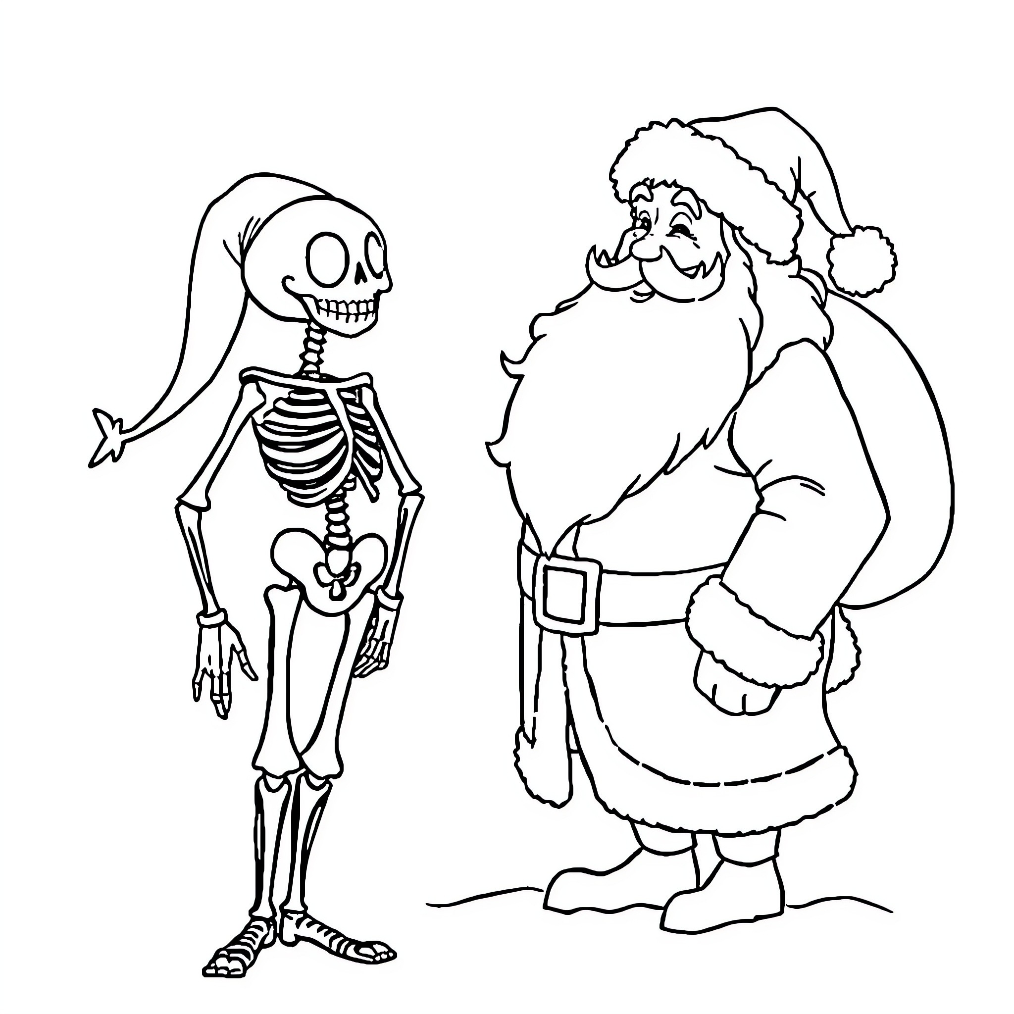 Jack Skellington interacting with Santa Claus Coloring Page (free black-and-white line drawing printable PDF for all, from beginners to advanced learners, including children, teens, adults, and seniors)