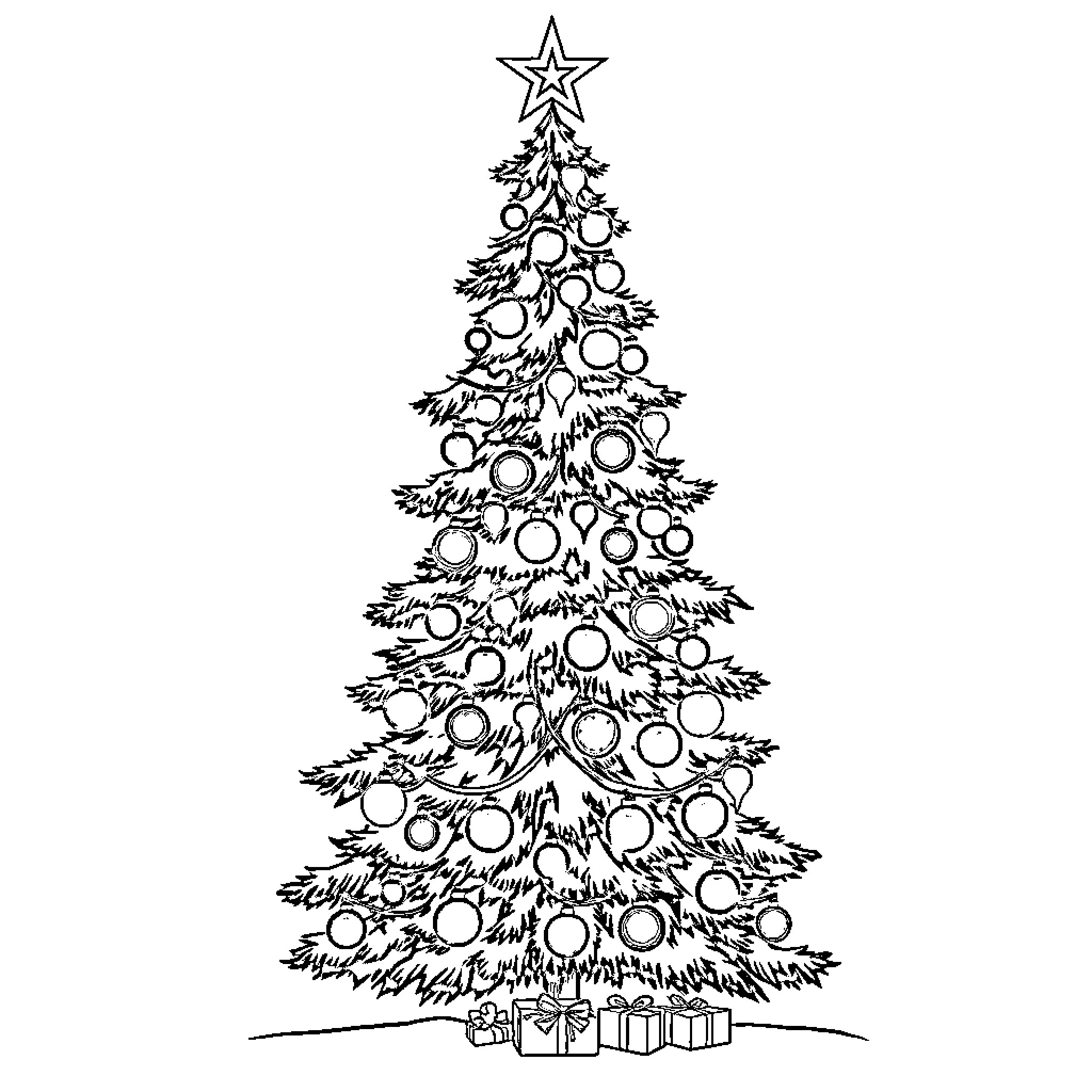 Christmas Tree Decorated with Ornaments and Star Coloring Page (free black-and-white line drawing printable PDF for all, from beginners to advanced learners, including children, teens, adults, and seniors)