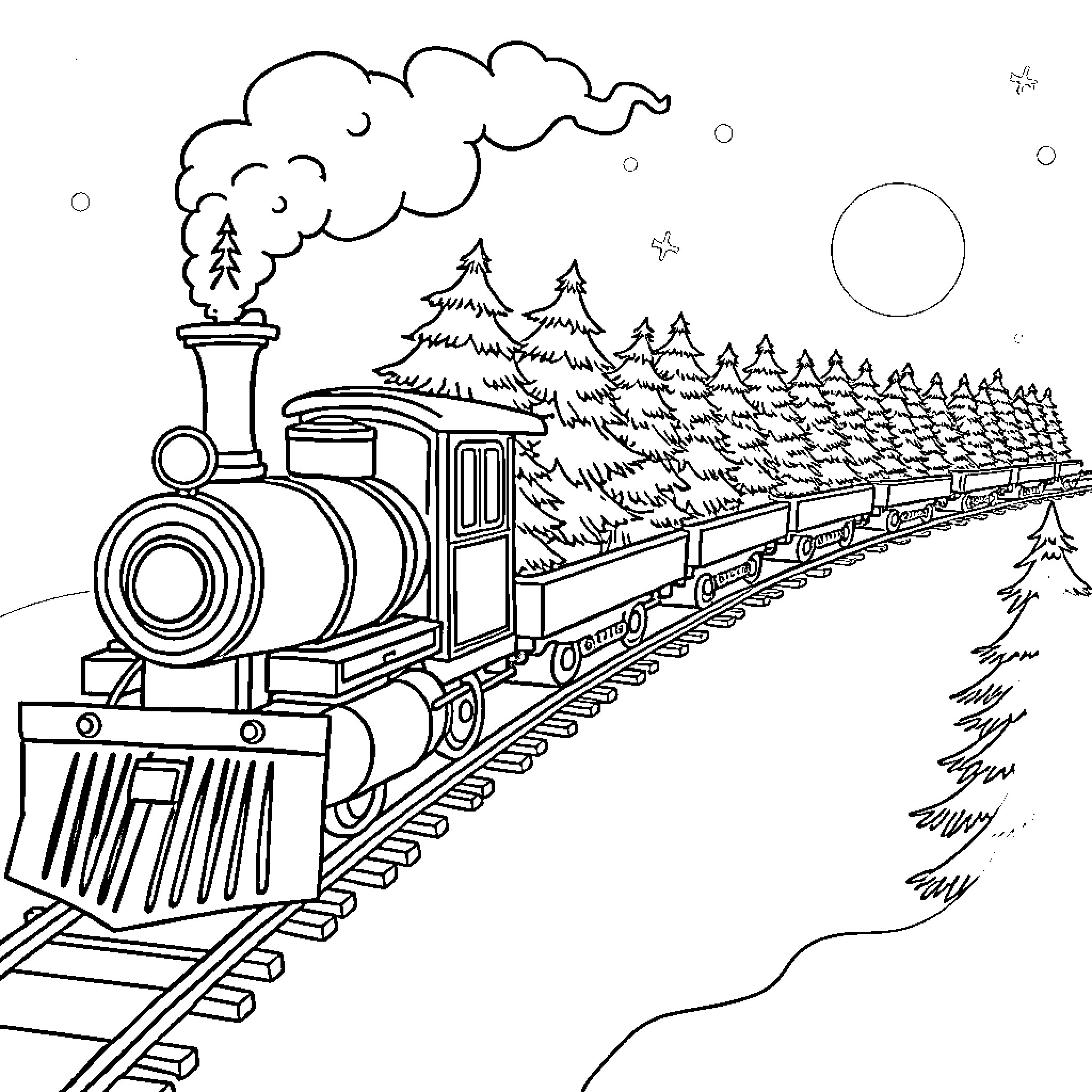 Train traveling through wintry forest landscape Coloring Page (free black-and-white line drawing printable PDF for all, from beginners to advanced learners, including children, teens, adults, and seniors)