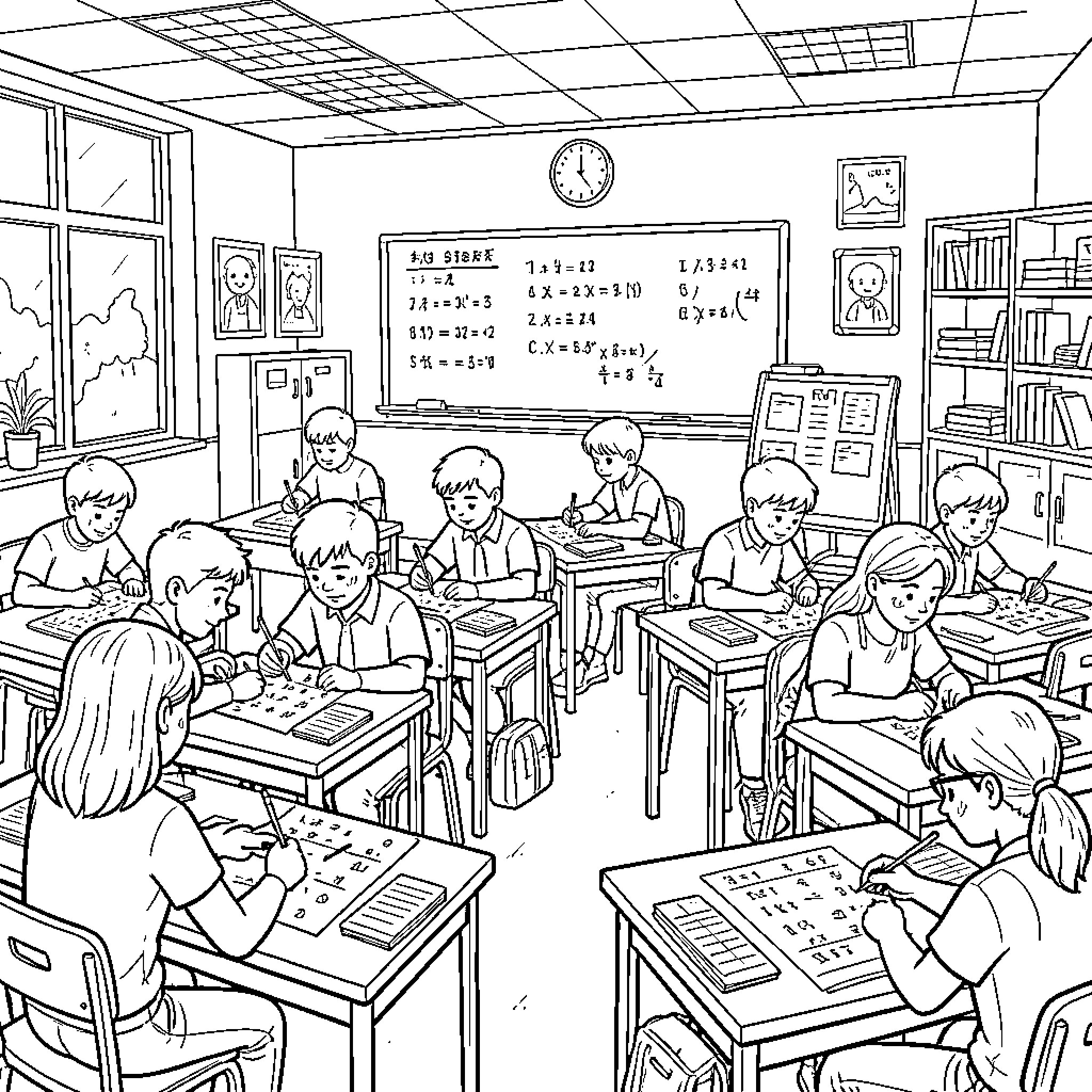 Mathematics students studying and solving problems in classroom Coloring Page (free black-and-white line drawing printable PDF for all, from beginners to advanced learners, including children, teens, adults, and seniors)