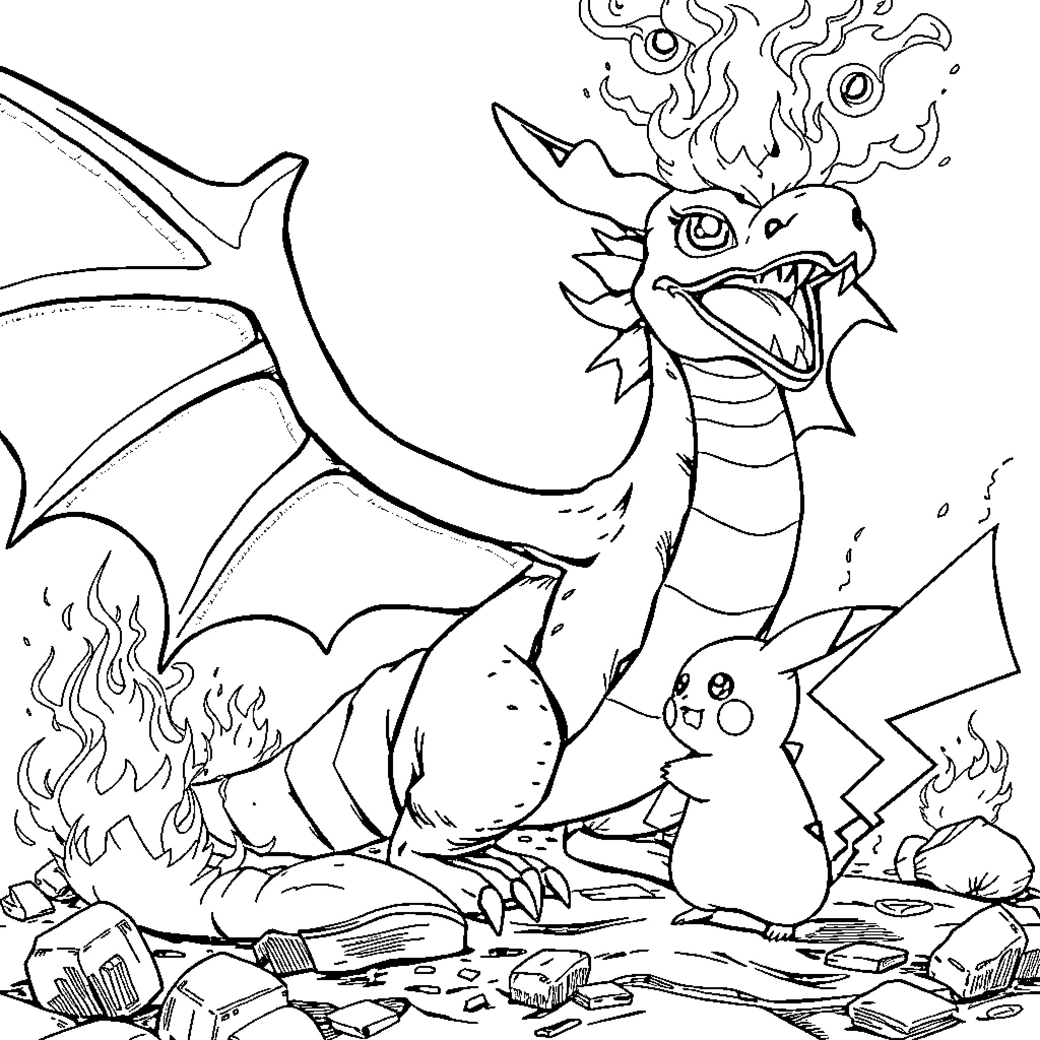 Dracaufeu unleashing fire in a rocky landscape Coloring Page (free black-and-white line drawing printable PDF for all, from beginners to advanced learners, including children, teens, adults, and seniors)