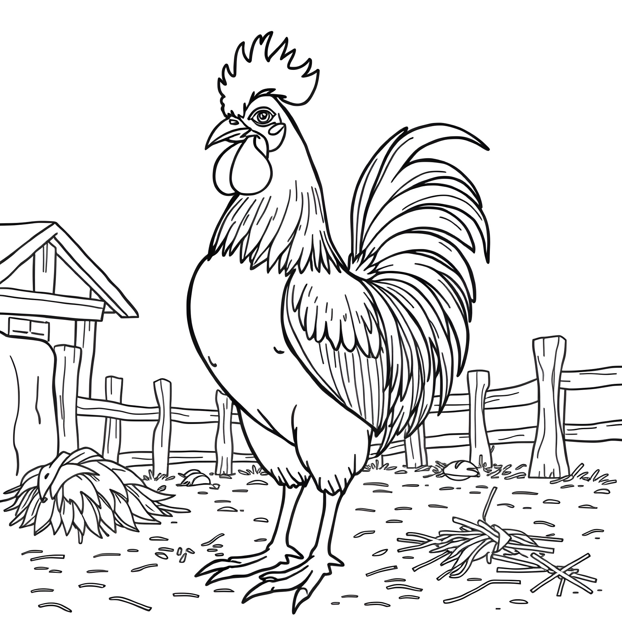 Rooster standing proudly on the farm Coloring Page (free black-and-white line drawing printable PDF for all, from beginners to advanced learners, including children, teens, adults, and seniors)