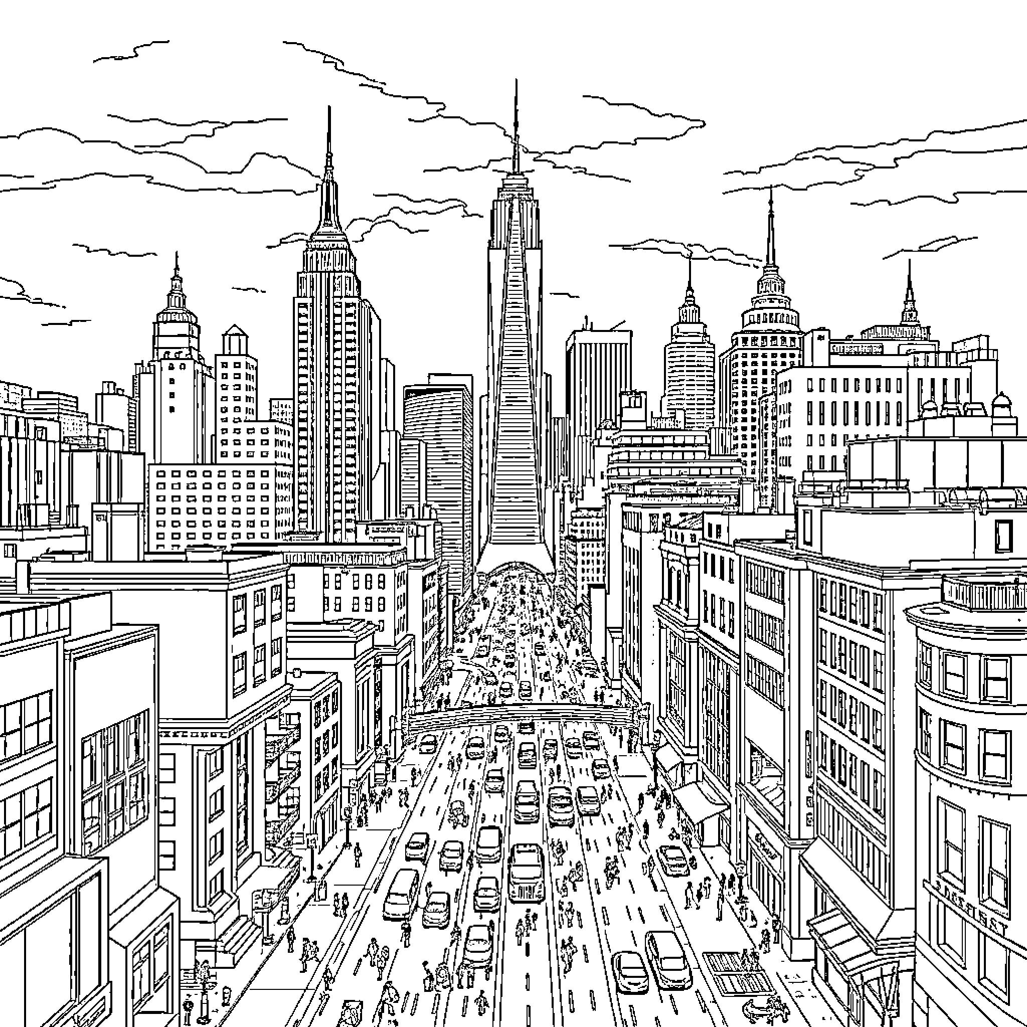Map of a bustling city with towering skyscrapers and crowded streets Coloring Page (free black-and-white line drawing printable PDF for all, from beginners to advanced learners, including children, teens, adults, and seniors)