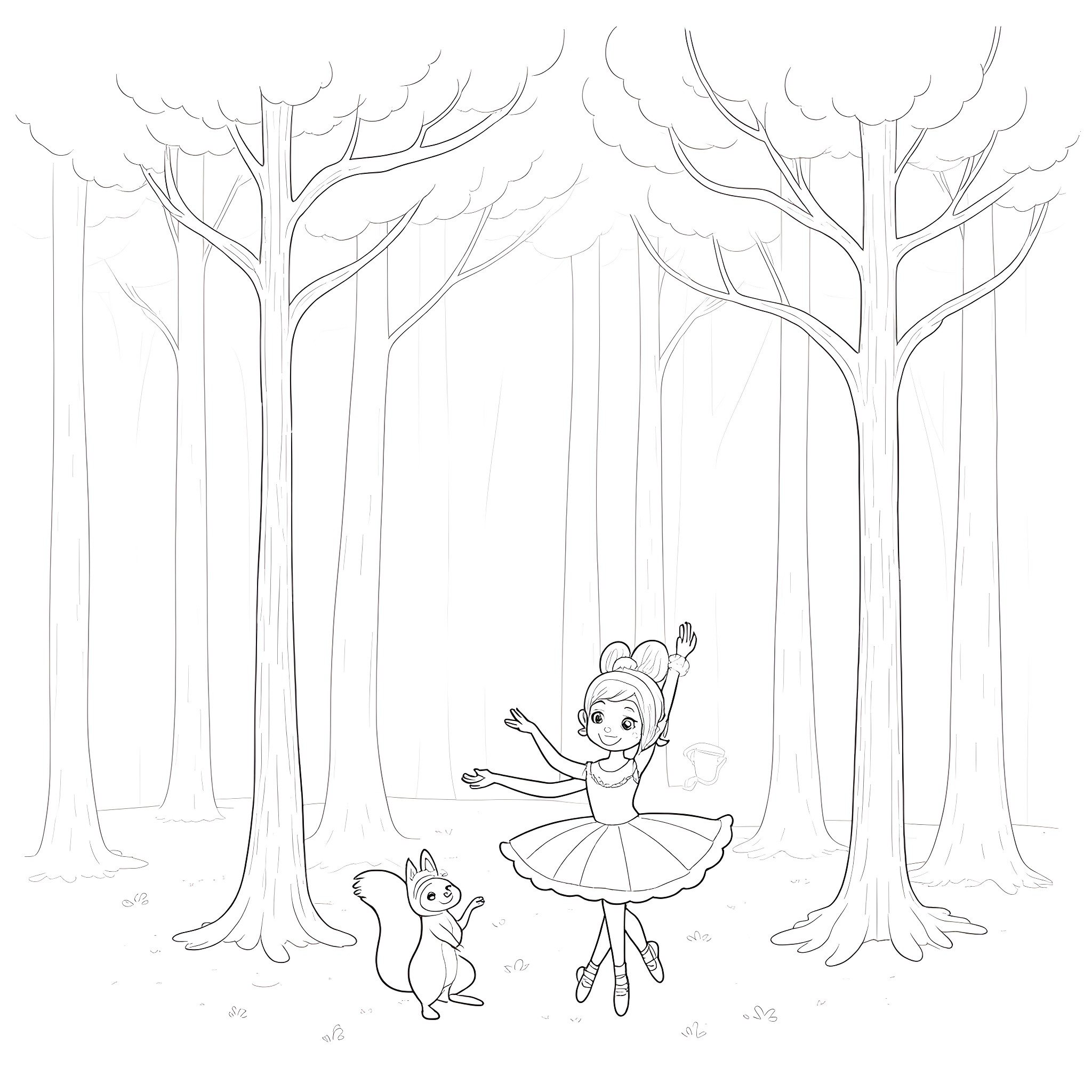 Ballerina dancing gracefully in the forest with rabbit Coloring Page (free black-and-white line drawing printable PDF for all, from beginners to advanced learners, including children, teens, adults, and seniors)