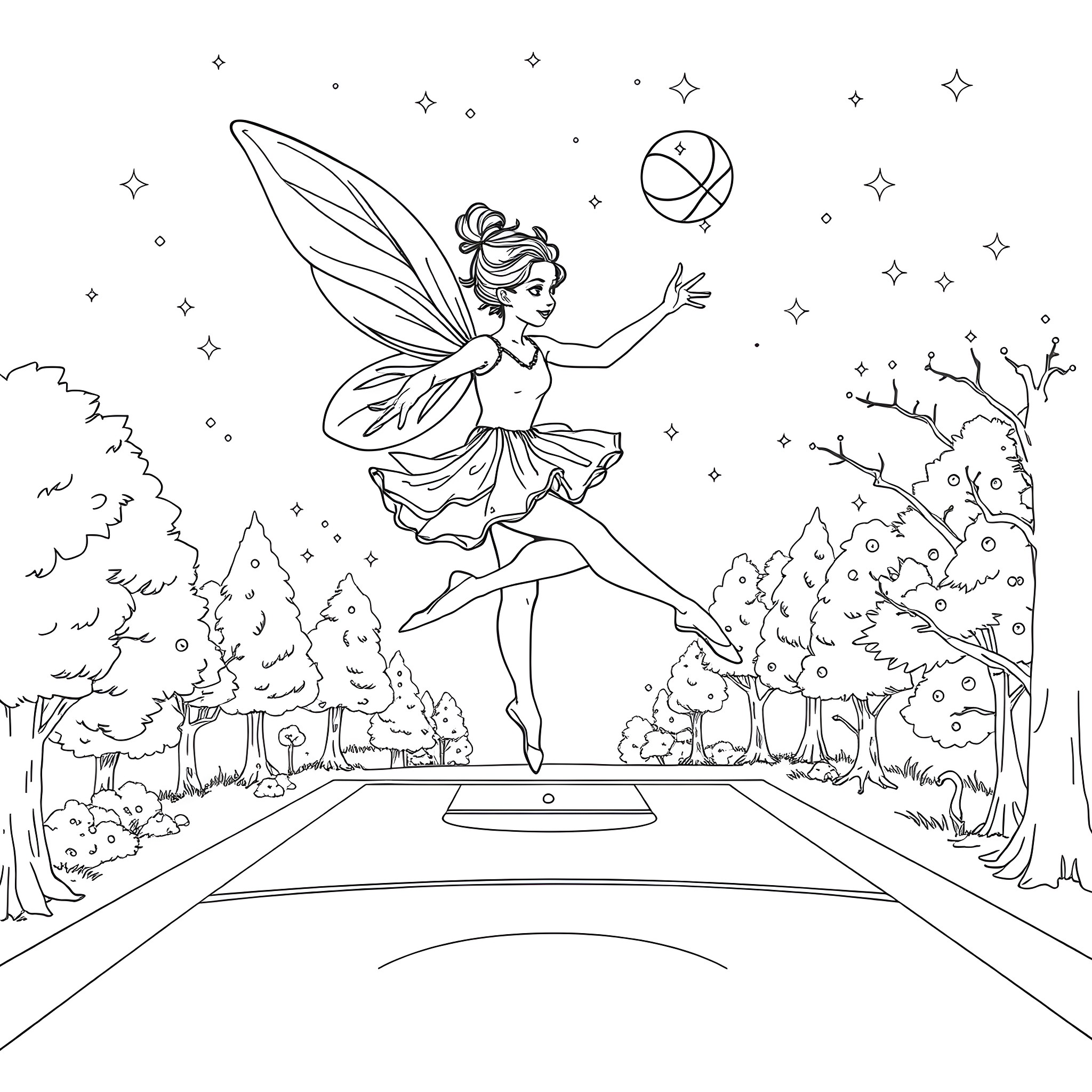 Fairy dancing joyfully under the starry night sky Coloring Page (free black-and-white line drawing printable PDF for all, from beginners to advanced learners, including children, teens, adults, and seniors)