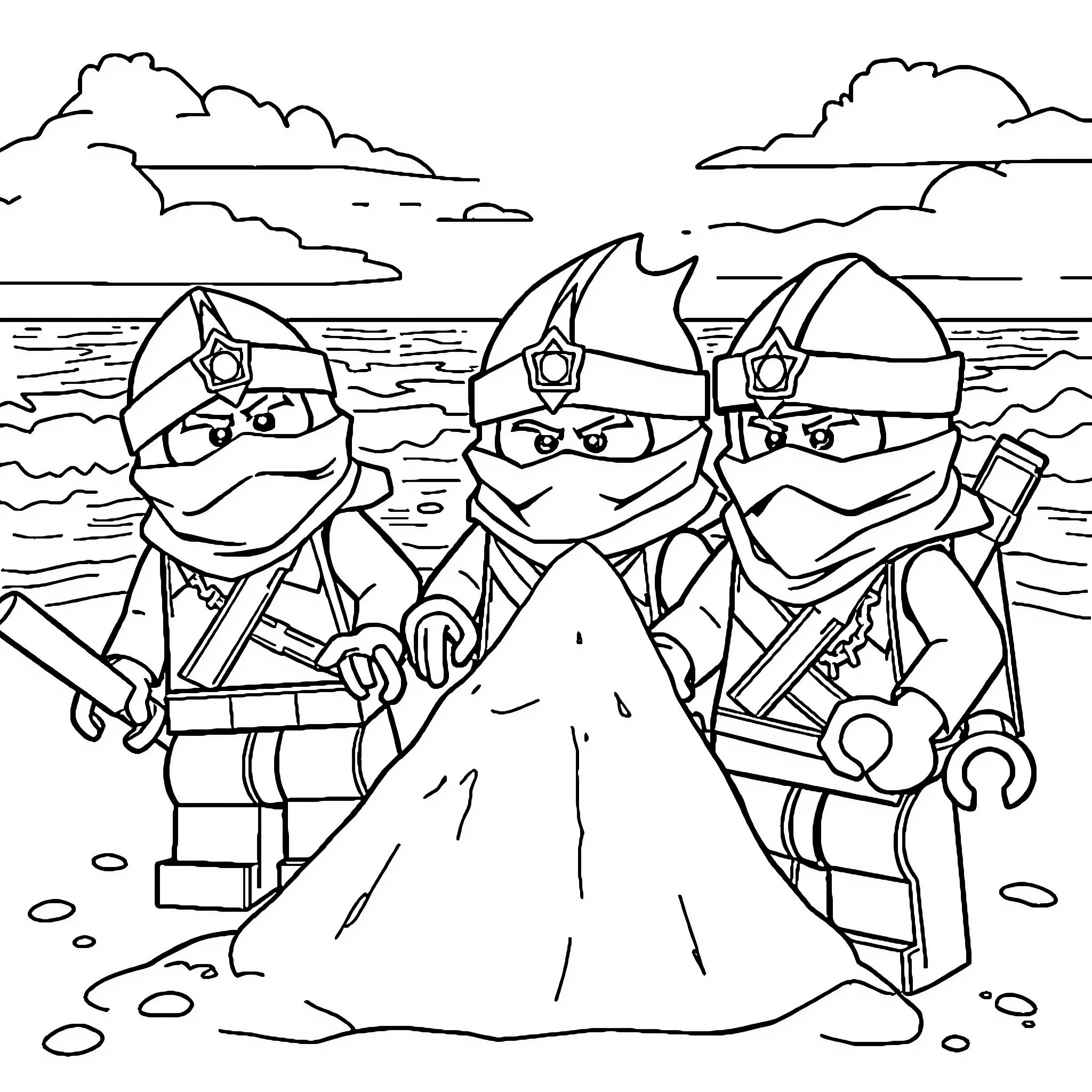 Ninjago ninjas on a coastal mission Coloring Page (free black-and-white line drawing printable PDF for all, from beginners to advanced learners, including children, teens, adults, and seniors)