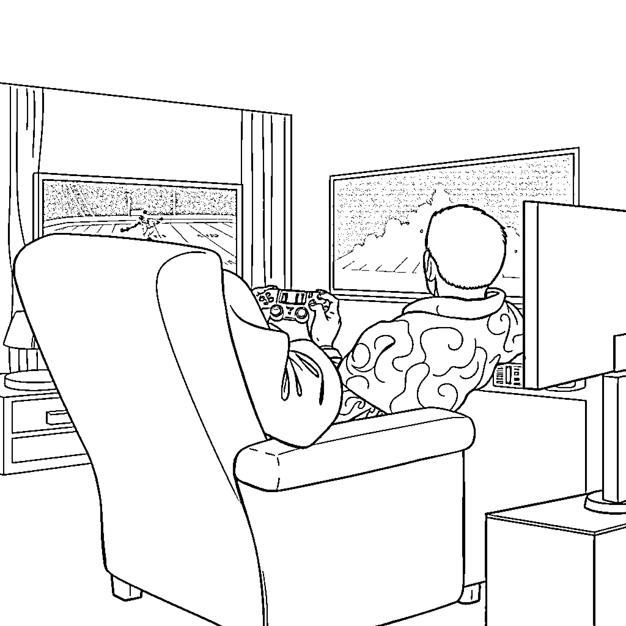 Man engrossed in gaming on television in bedroom Coloring Page (free black-and-white line drawing printable PDF for all, from beginners to advanced learners, including children, teens, adults, and seniors)