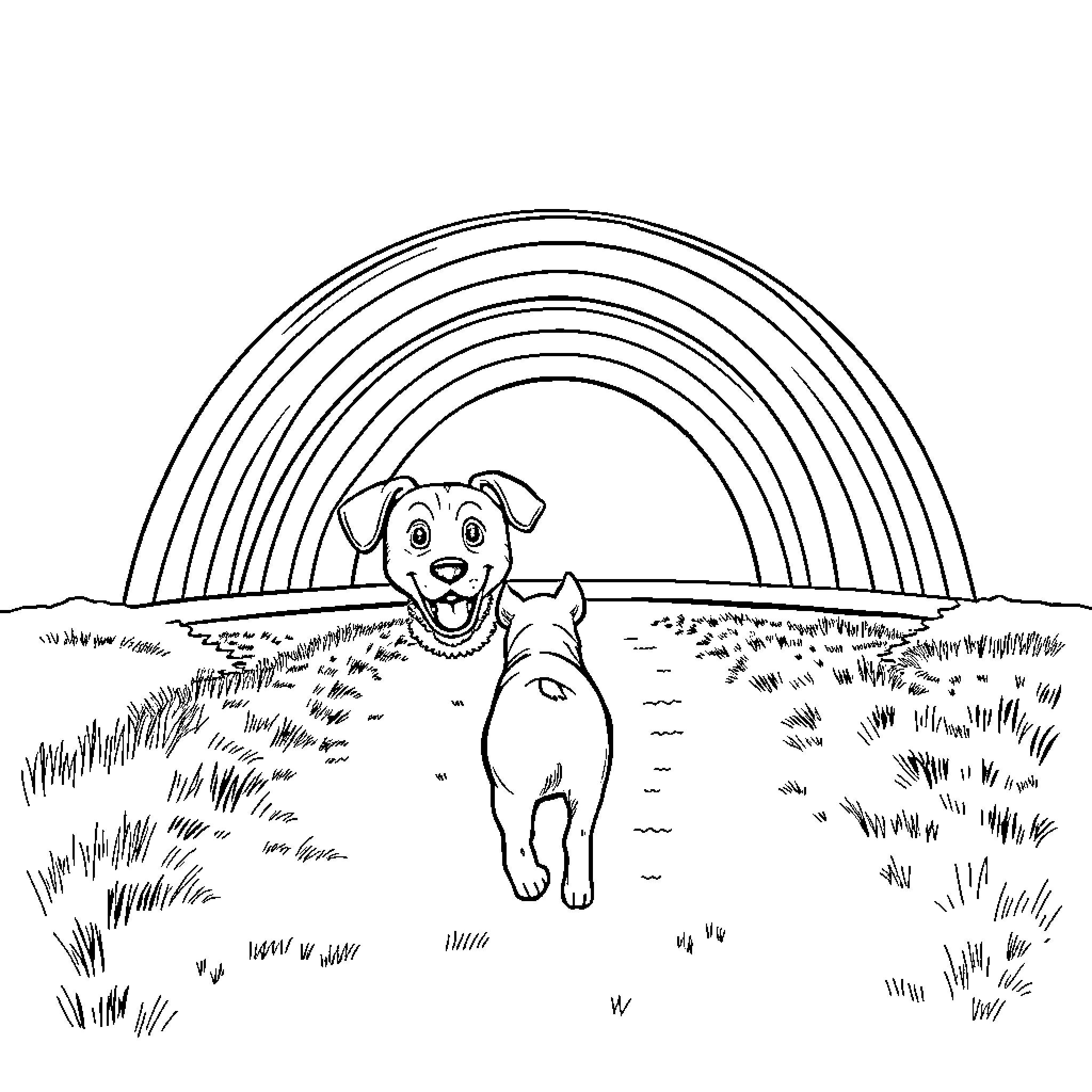 Dog joyfully running in grassy field with rainbow Coloring Page (free black-and-white line drawing printable PDF for all, from beginners to advanced learners, including children, teens, adults, and seniors)