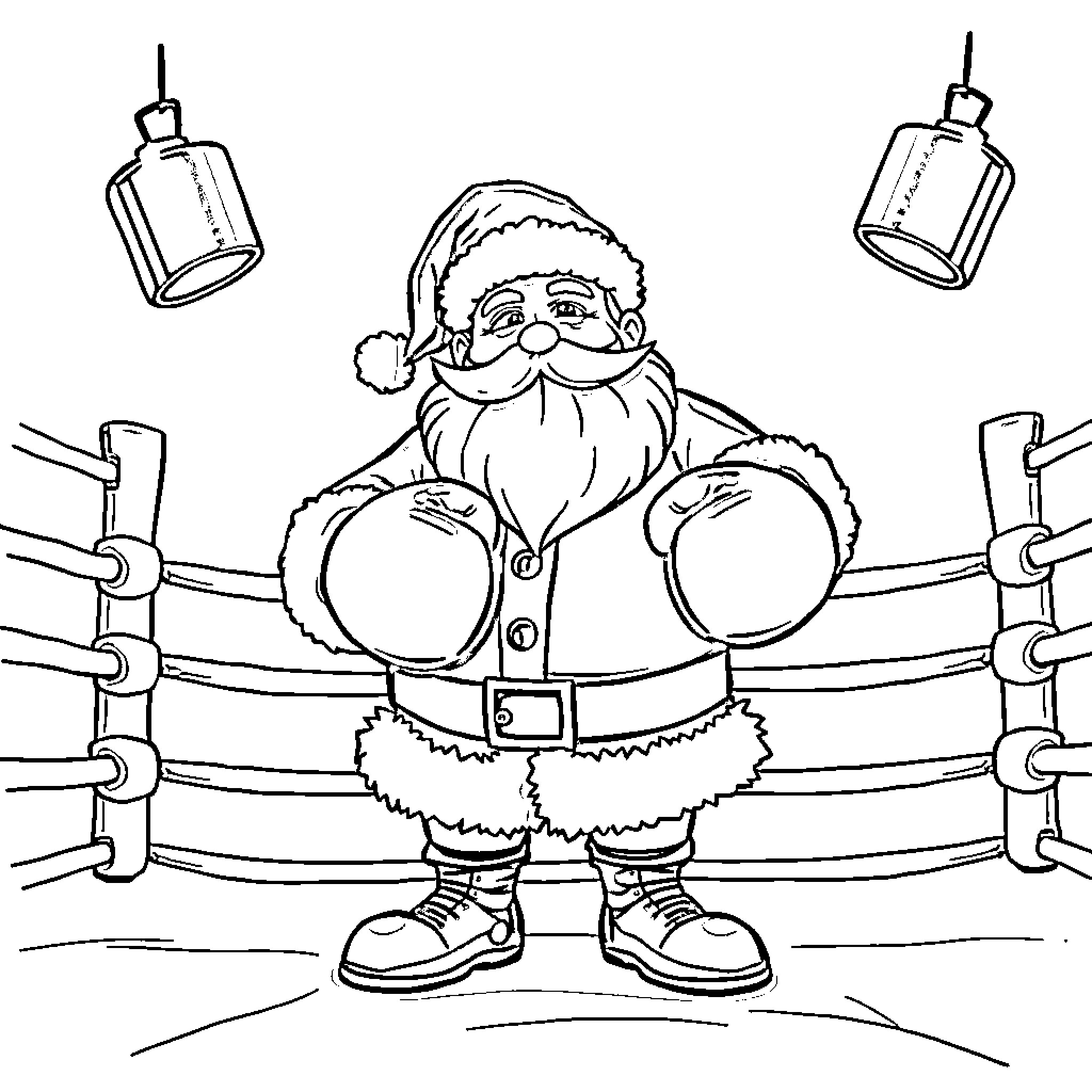 Santa Claus boxing in the ring Coloring Page (free black-and-white line drawing printable PDF for all, from beginners to advanced learners, including children, teens, adults, and seniors)