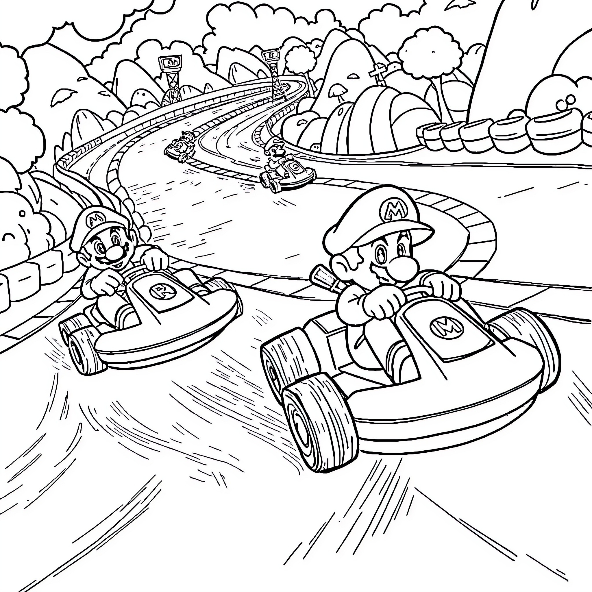 Mario Kart Racing on Colorful Tracks Coloring Page (free black-and-white line drawing printable PDF for all, from beginners to advanced learners, including children, teens, adults, and seniors)