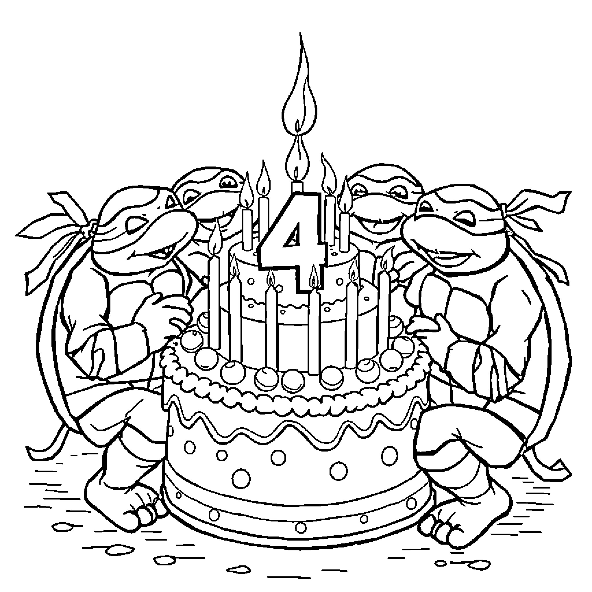 Teenage Mutant Ninja Turtles celebrate with birthday cake Coloring Page (free black-and-white line drawing printable PDF for all, from beginners to advanced learners, including children, teens, adults, and seniors)