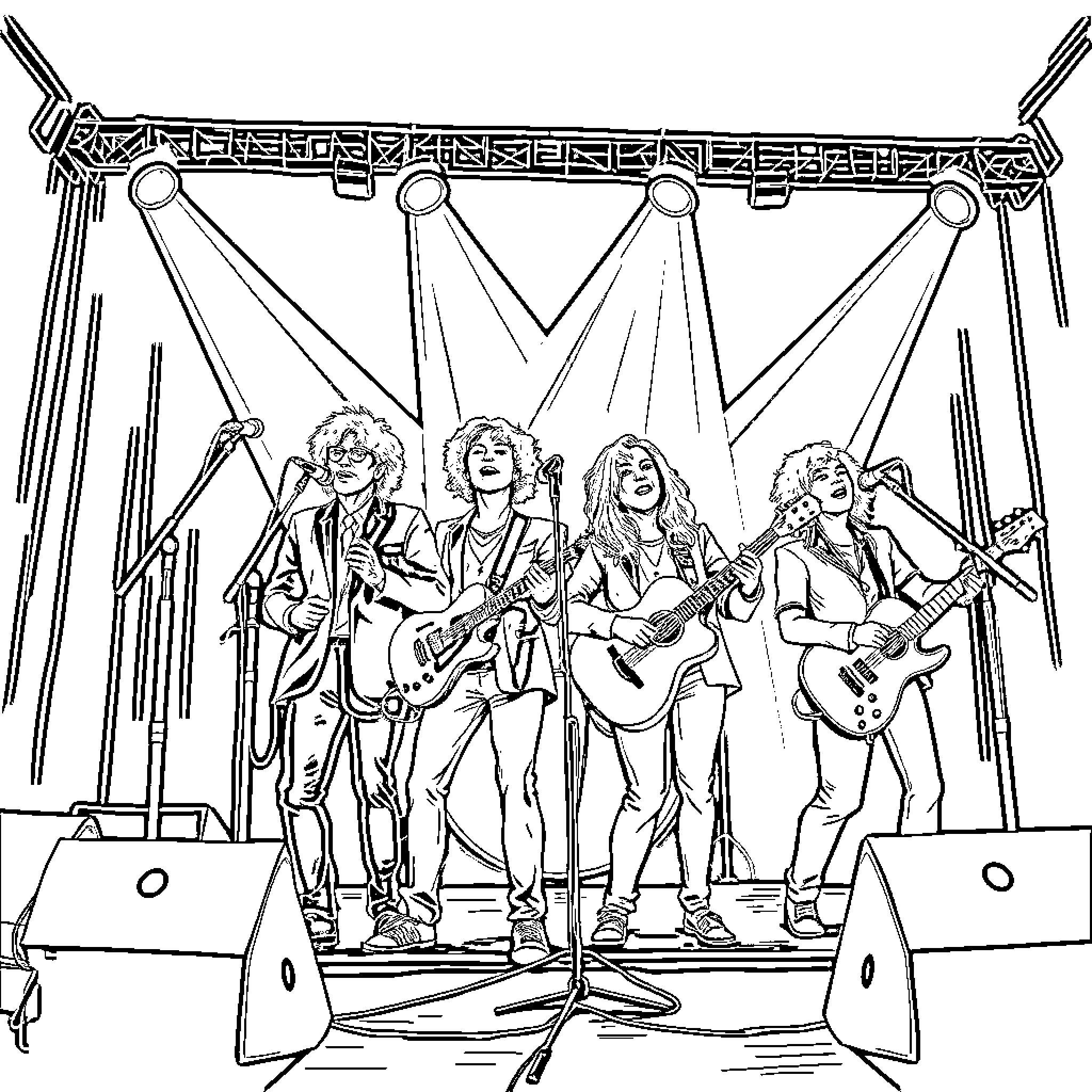 Outtatuners rocking the stage with energetic performance Coloring Page (free black-and-white line drawing printable PDF for all, from beginners to advanced learners, including children, teens, adults, and seniors)