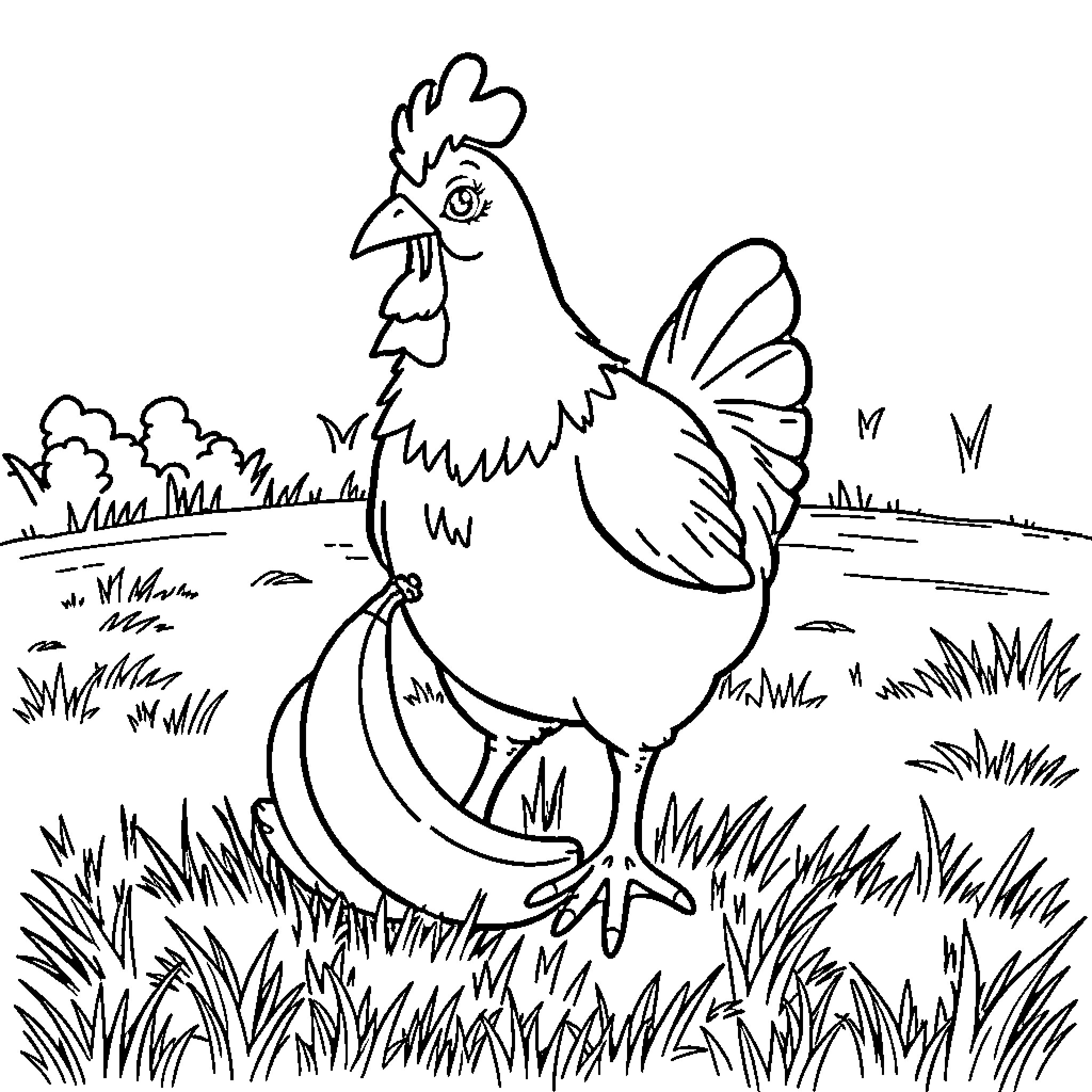 Chicken strutting proudly in a grassy field Coloring Page (free black-and-white line drawing printable PDF for all, from beginners to advanced learners, including children, teens, adults, and seniors)