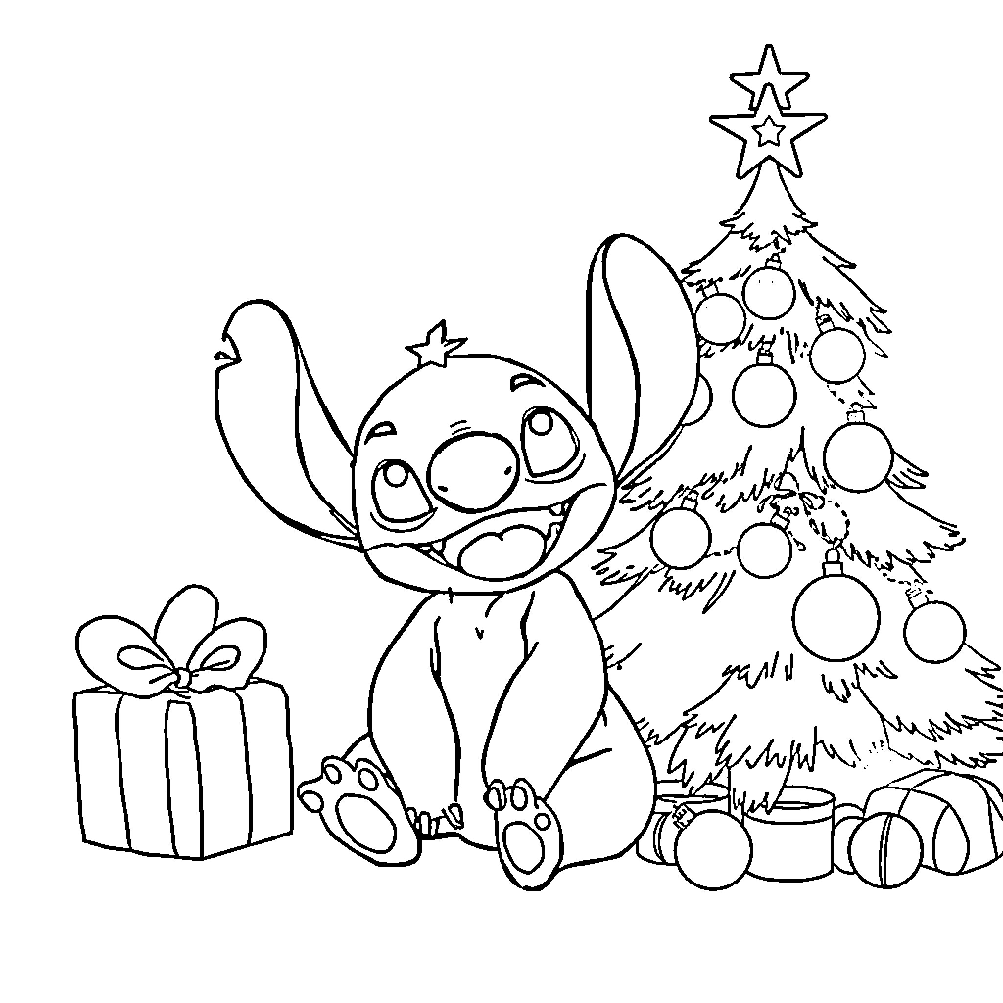 Stitch decorating Christmas tree with presents Coloring Page (free black-and-white line drawing printable PDF for all, from beginners to advanced learners, including children, teens, adults, and seniors)