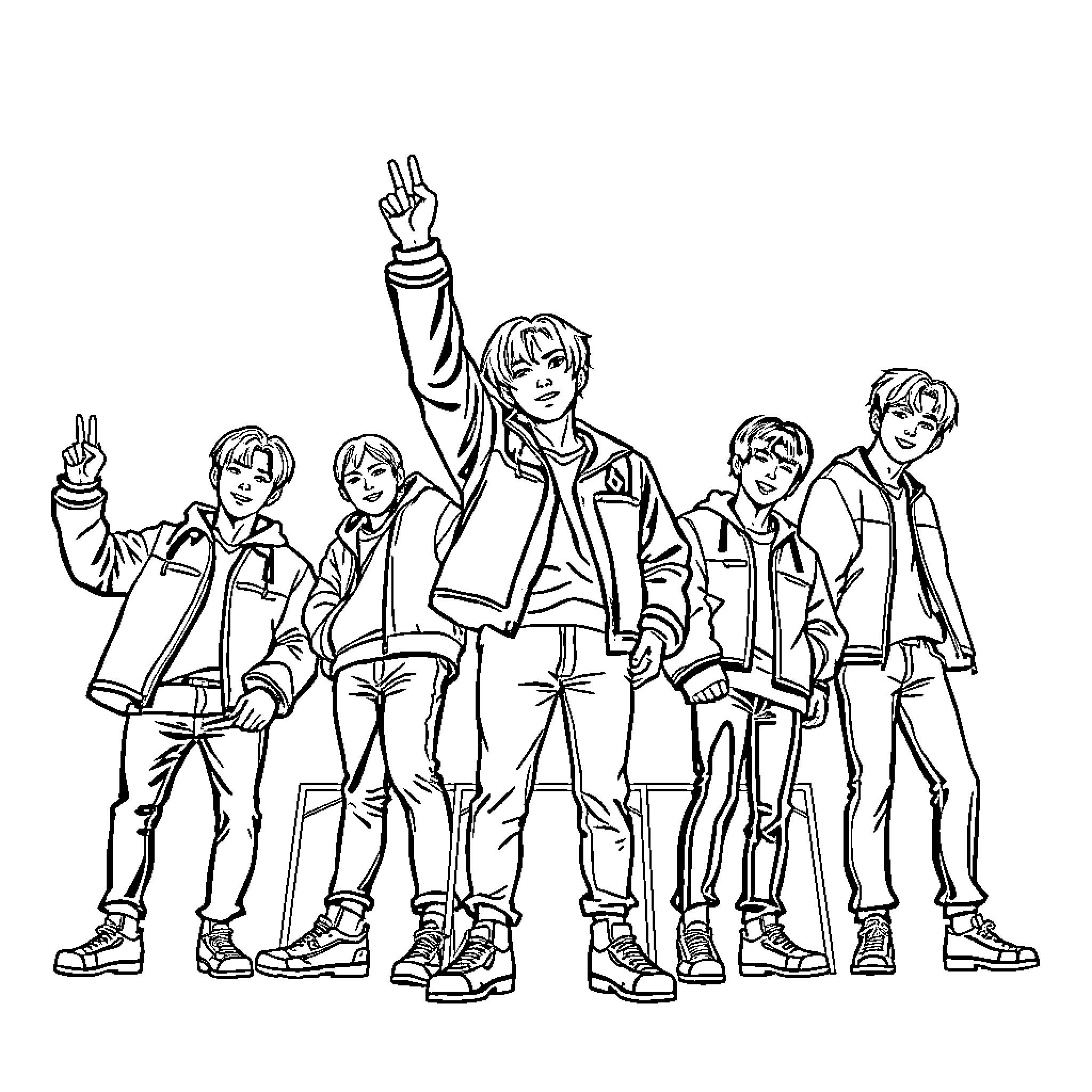 Bangtan group posing with energetic gestures Coloring Page (free black-and-white line drawing printable PDF for all, from beginners to advanced learners, including children, teens, adults, and seniors)