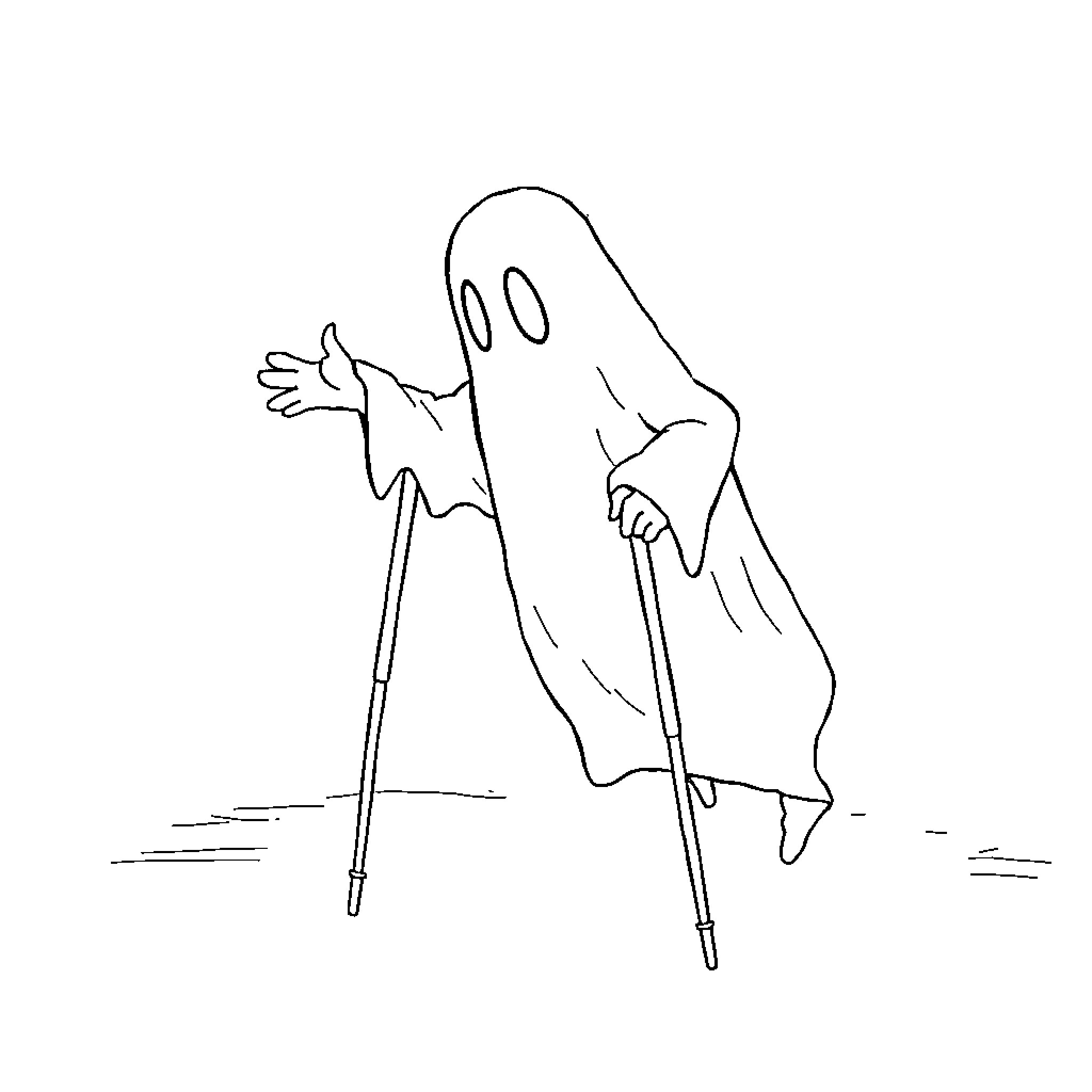 Ghost figure walking with crutches Coloring Page (free black-and-white line drawing printable PDF for all, from beginners to advanced learners, including children, teens, adults, and seniors)