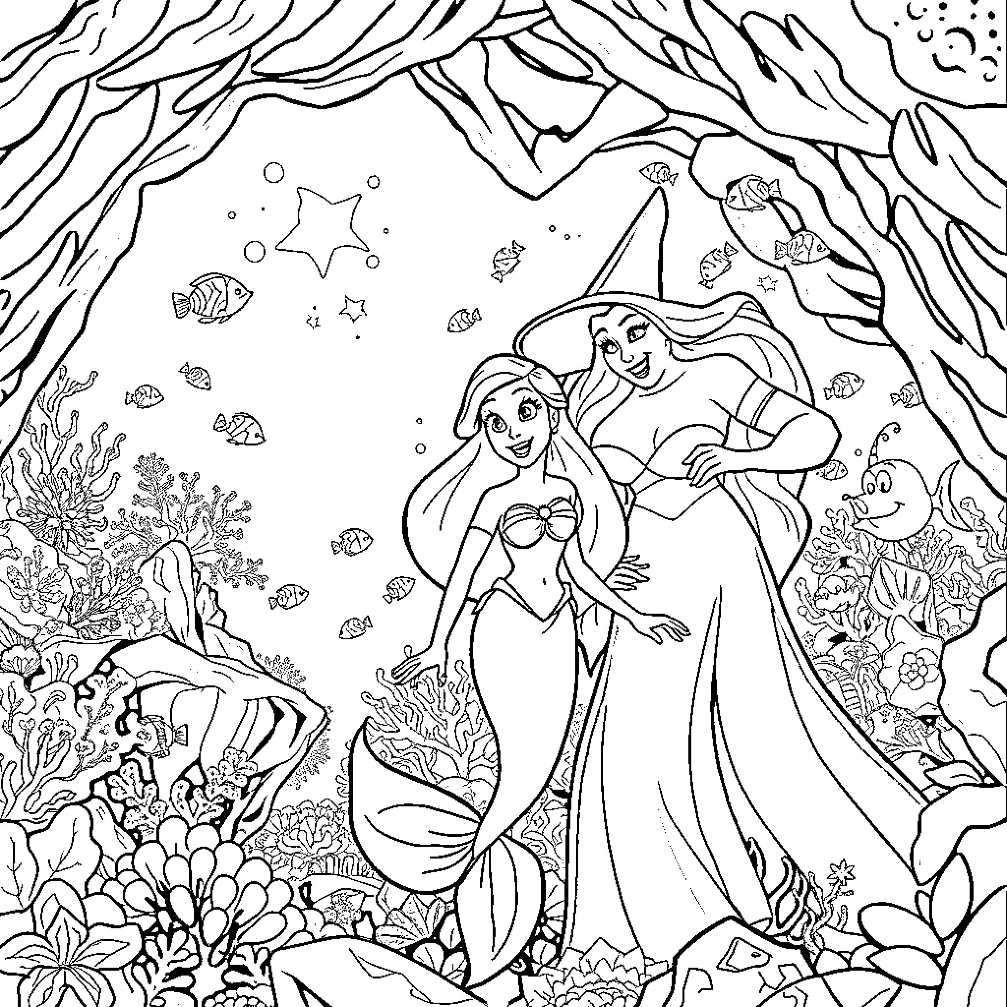 Ariel and Ursula's underwater adventure Coloring Page (free black-and-white line drawing printable PDF for all, from beginners to advanced learners, including children, teens, adults, and seniors)