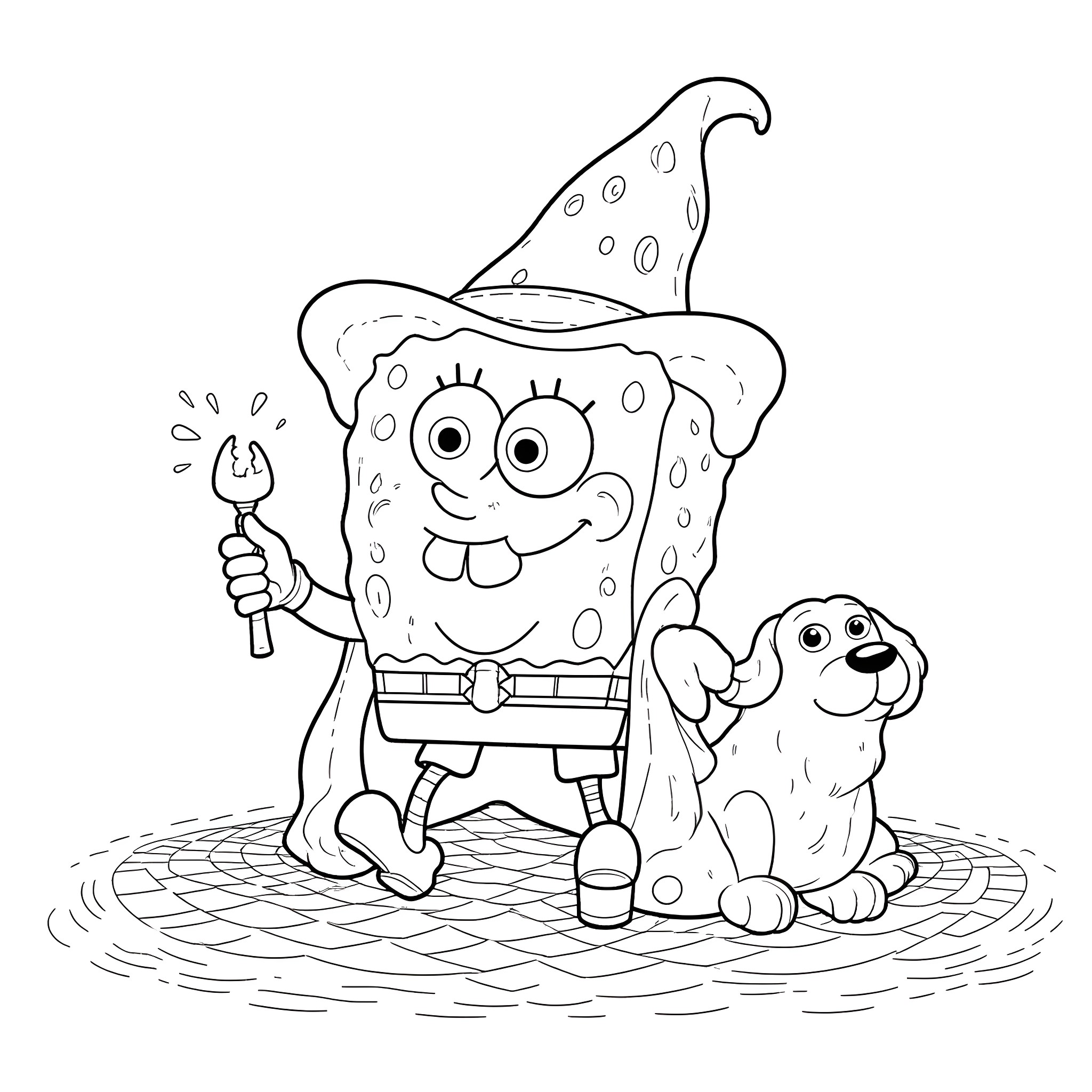 Spongebob and his pet enjoying outdoor adventure Coloring Page (free black-and-white line drawing printable PDF for all, from beginners to advanced learners, including children, teens, adults, and seniors)