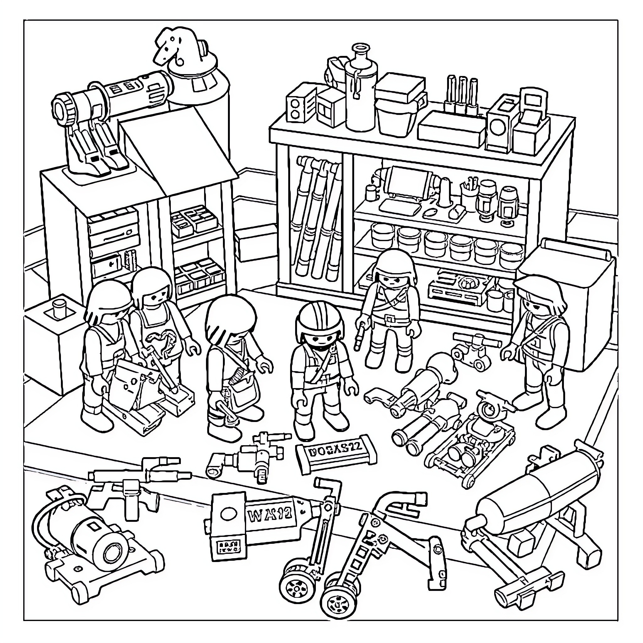 Playmobil figures working in a workshop Coloring Page (free black-and-white line drawing printable PDF for all, from beginners to advanced learners, including children, teens, adults, and seniors)