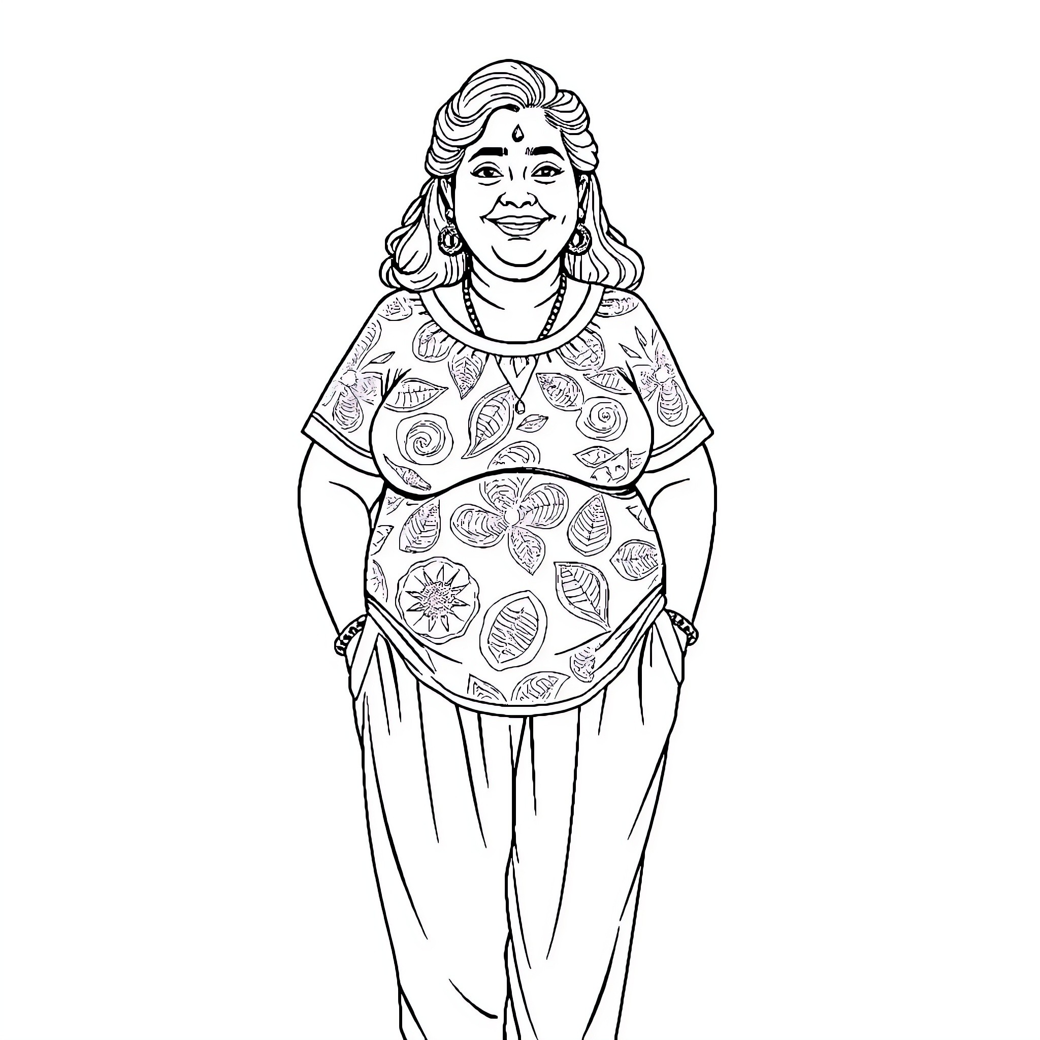 Woman smiling in patterned dress Coloring Page (free black-and-white line drawing printable PDF for all, from beginners to advanced learners, including children, teens, adults, and seniors)