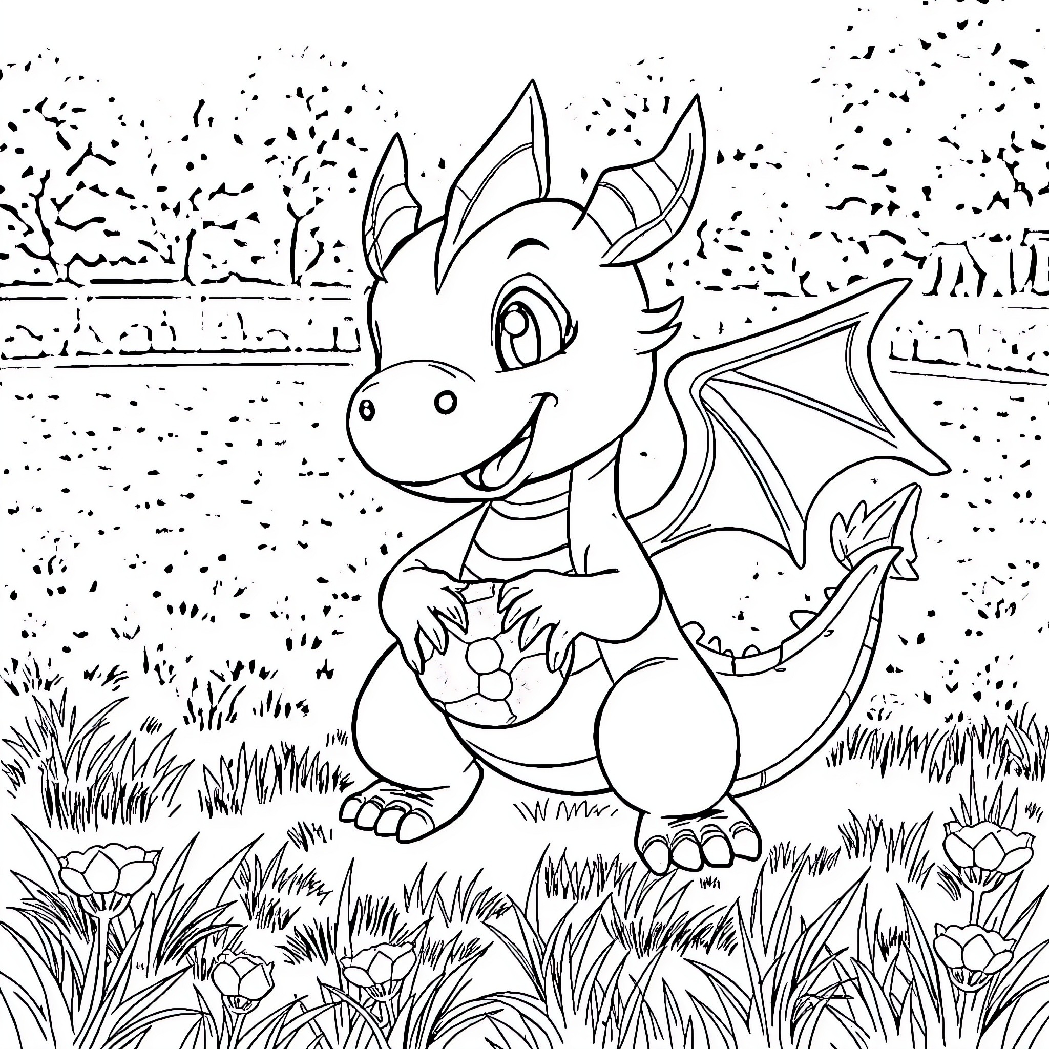 Dragon Hatchling Playing Joyfully in Nature's Embrace Coloring Page (free black-and-white line drawing printable PDF for all, from beginners to advanced learners, including children, teens, adults, and seniors)