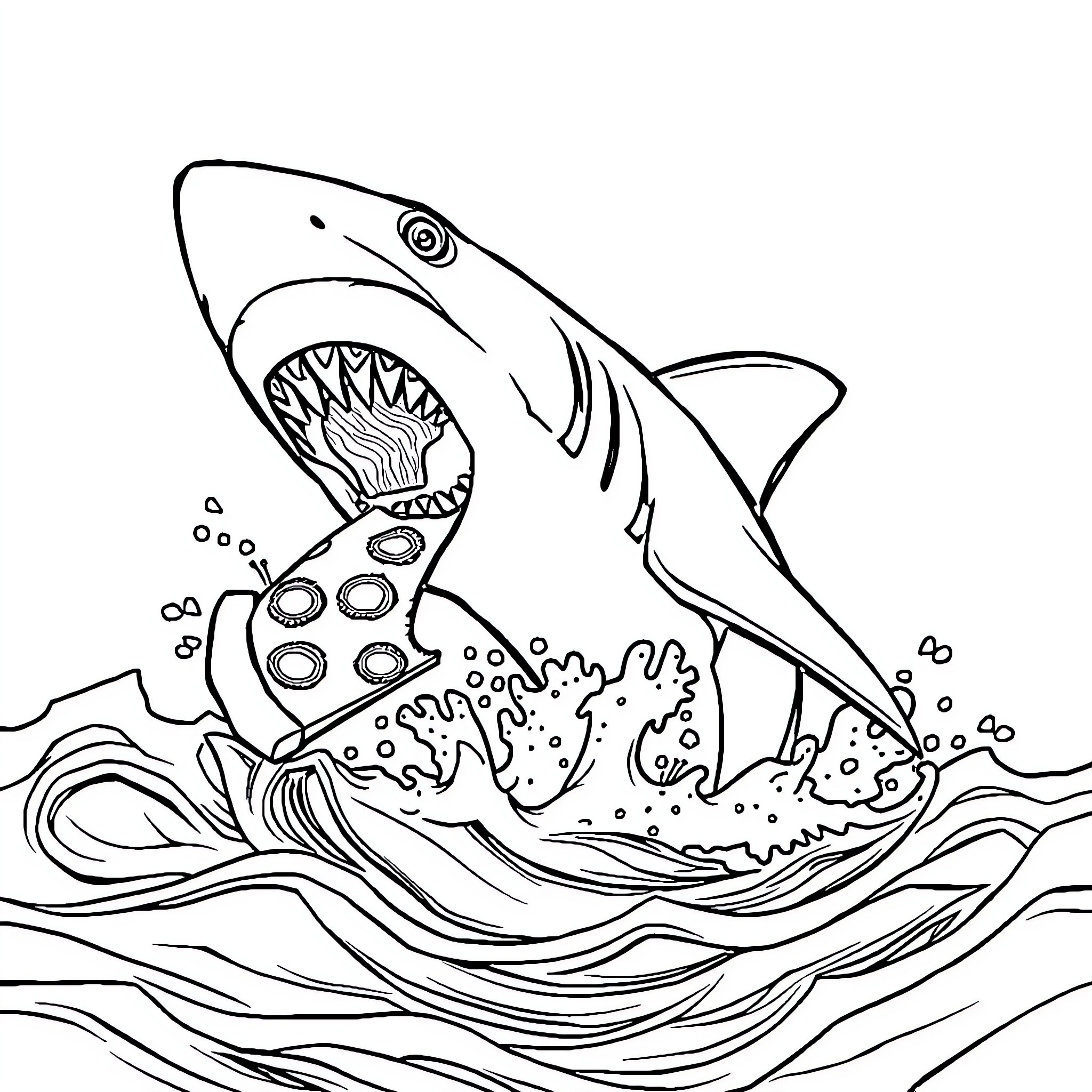 Shark diving into the ocean waves Coloring Page (free black-and-white line drawing printable PDF for all, from beginners to advanced learners, including children, teens, adults, and seniors)