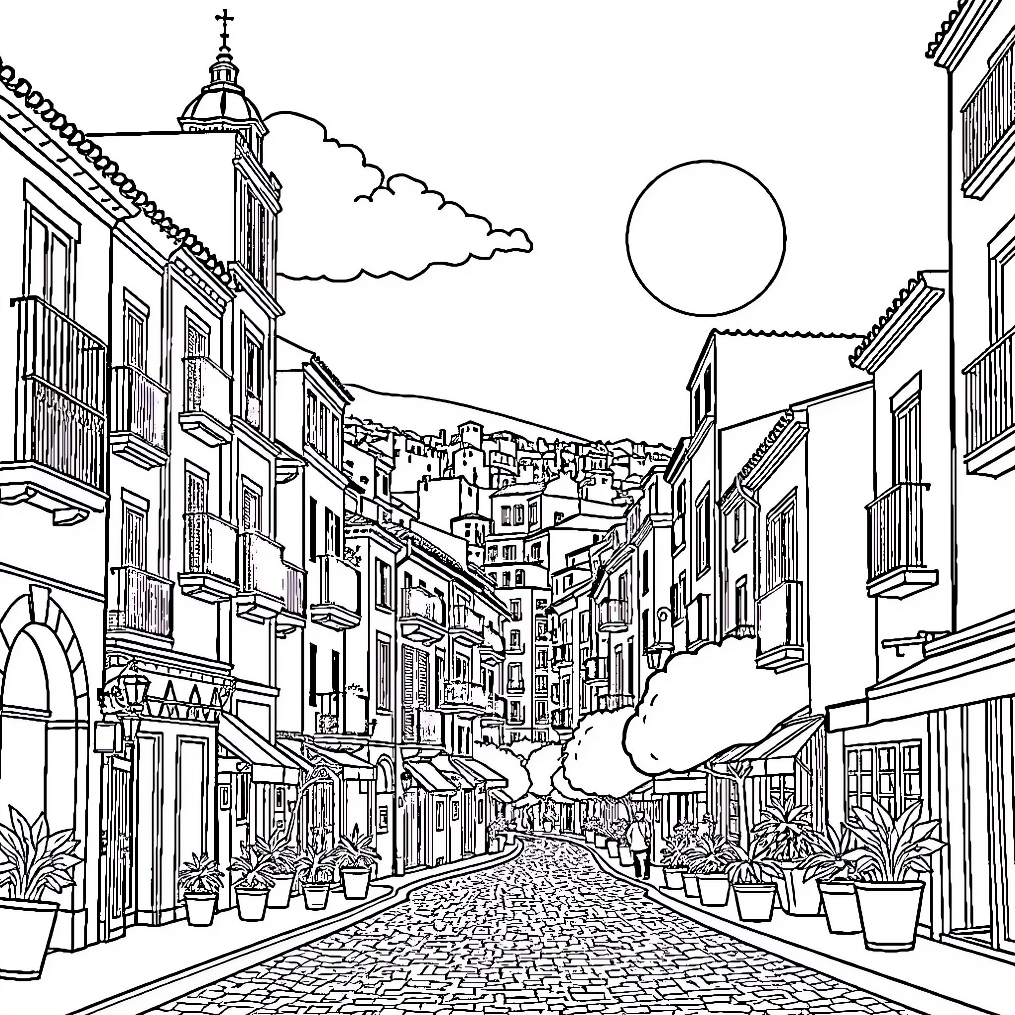 Spain: Quaint historic street with architecture and cloudscape Coloring Page (free black-and-white line drawing printable PDF for all, from beginners to advanced learners, including children, teens, adults, and seniors)