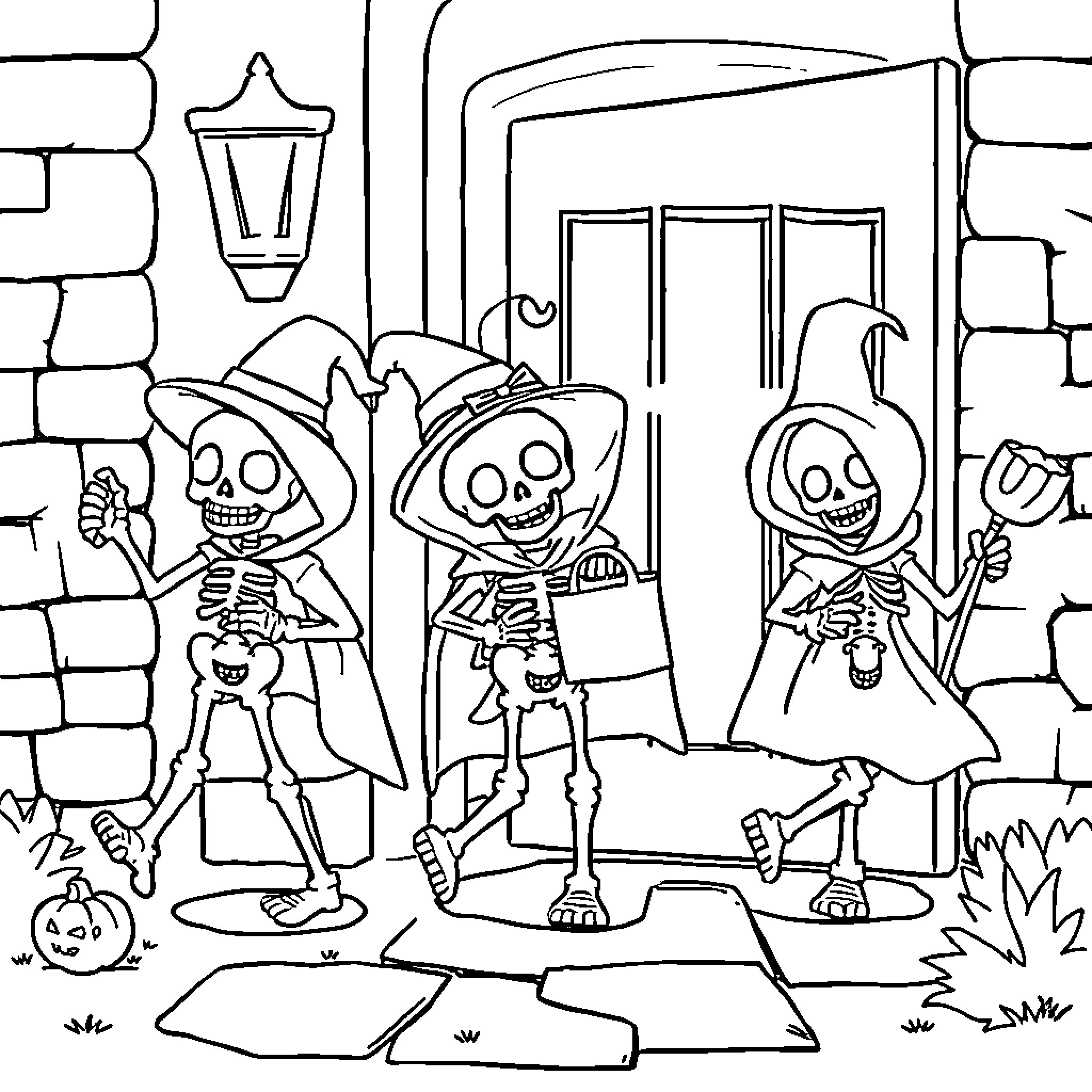Skeleton Trick-or-Treaters in Front of House Coloring Page (free black-and-white line drawing printable PDF for all, from beginners to advanced learners, including children, teens, adults, and seniors)