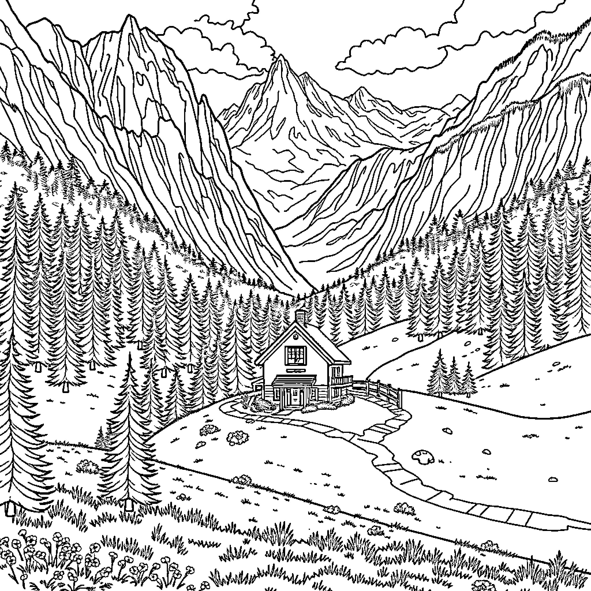 House in Snowy Mountain Landscape Coloring Page (free black-and-white line drawing printable PDF for all, from beginners to advanced learners, including children, teens, adults, and seniors)