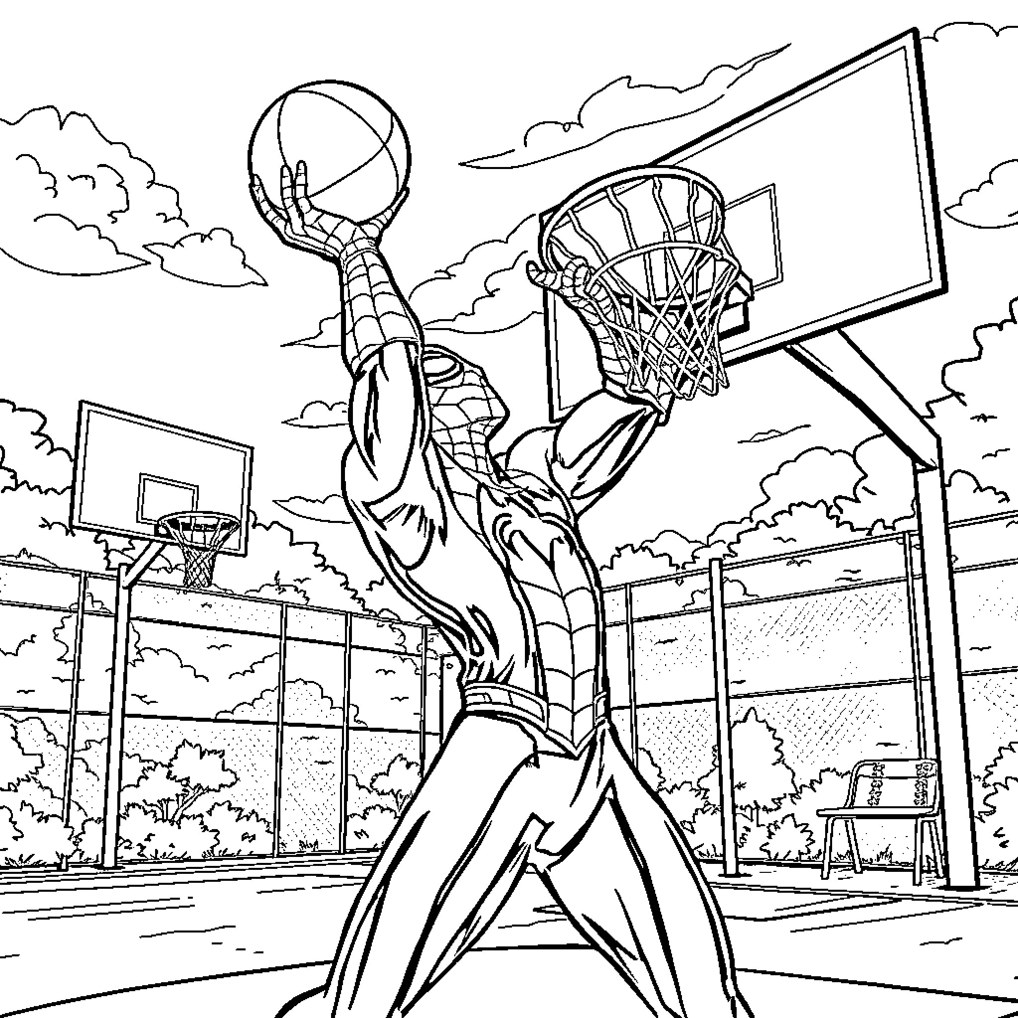 Spiderman dunking basketball on outdoor court Coloring Page (free black-and-white line drawing printable PDF for all, from beginners to advanced learners, including children, teens, adults, and seniors)