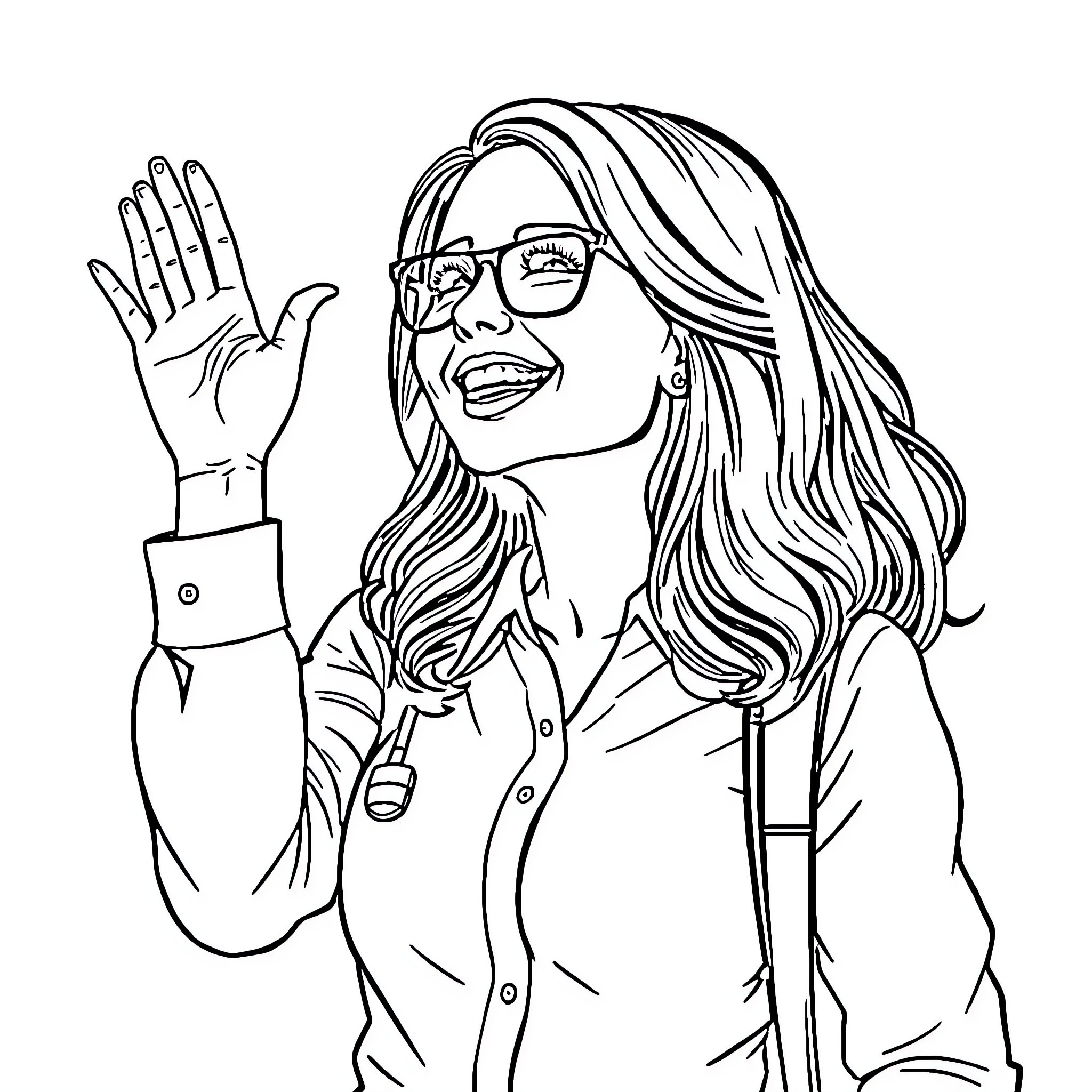 Profesora gesturing and smiling in an educational setting Coloring Page (free black-and-white line drawing printable PDF for all, from beginners to advanced learners, including children, teens, adults, and seniors)