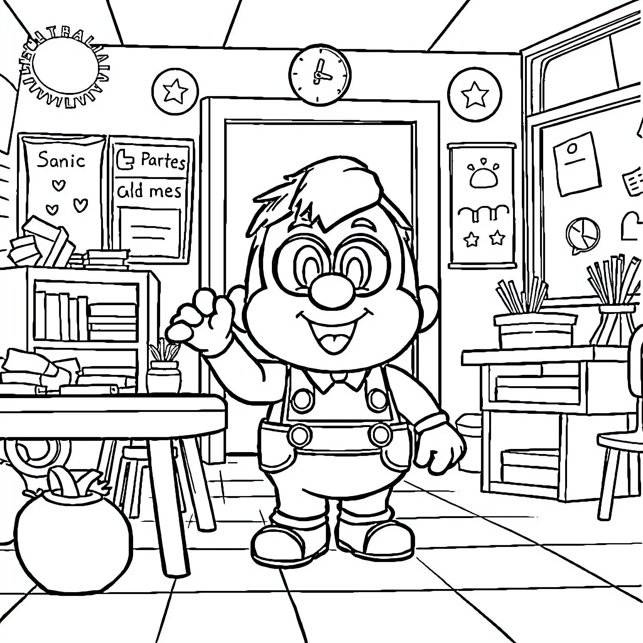 Mini Cheerful Cartoon Character in Classroom Coloring Page (free black-and-white line drawing printable PDF for all, from beginners to advanced learners, including children, teens, adults, and seniors)