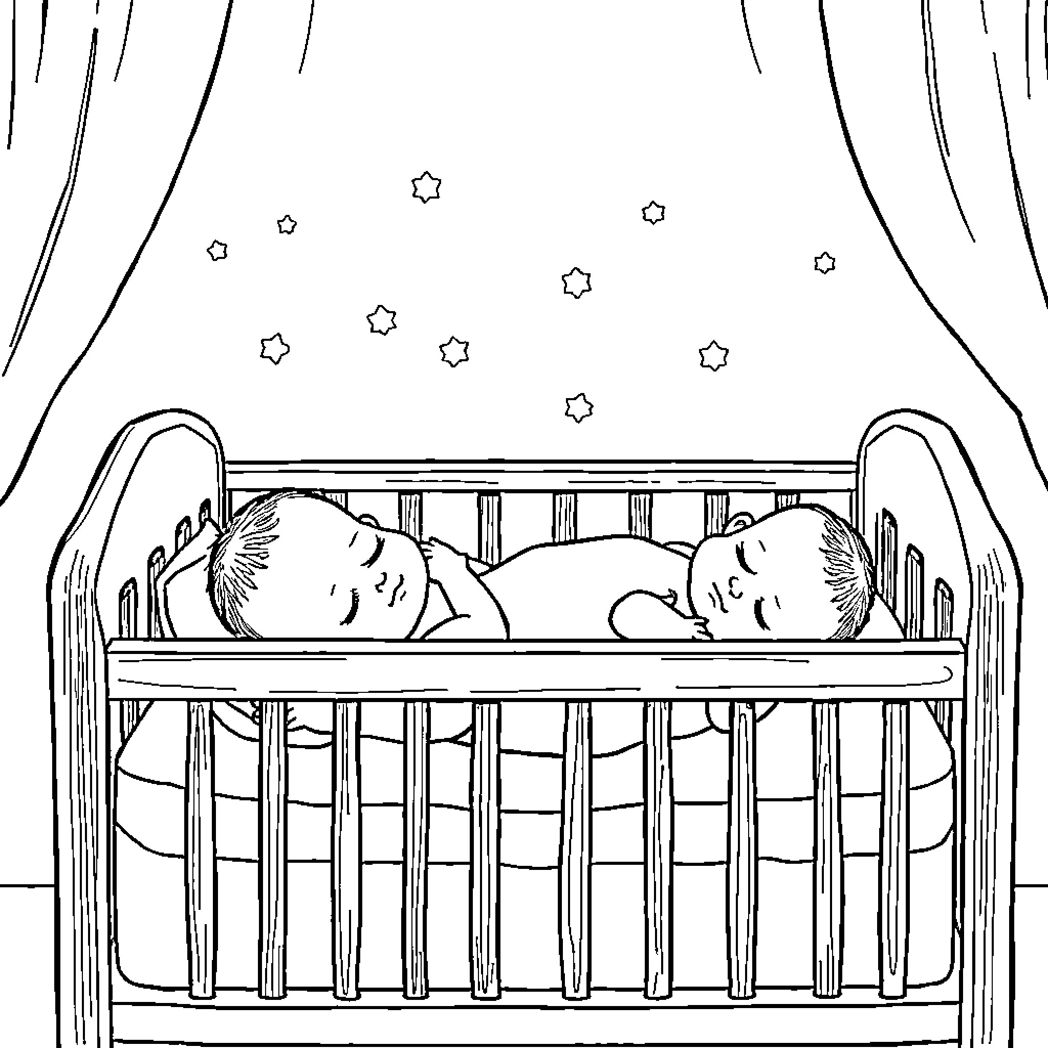 Baby sleeping peacefully in crib Coloring Page (free black-and-white line drawing printable PDF for all, from beginners to advanced learners, including children, teens, adults, and seniors)