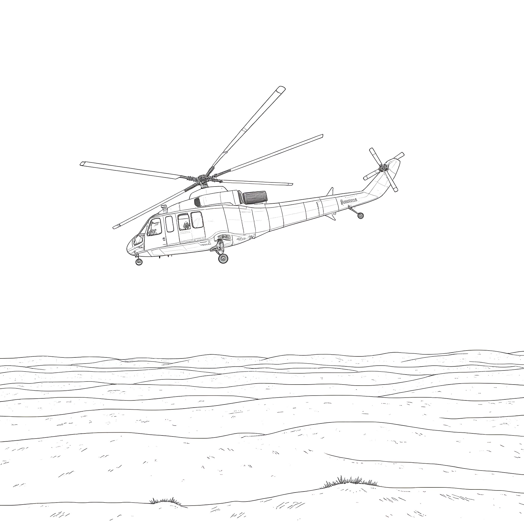 CH-47 helicopter flying over the ocean Coloring Page (free black-and-white line drawing printable PDF for all, from beginners to advanced learners, including children, teens, adults, and seniors)