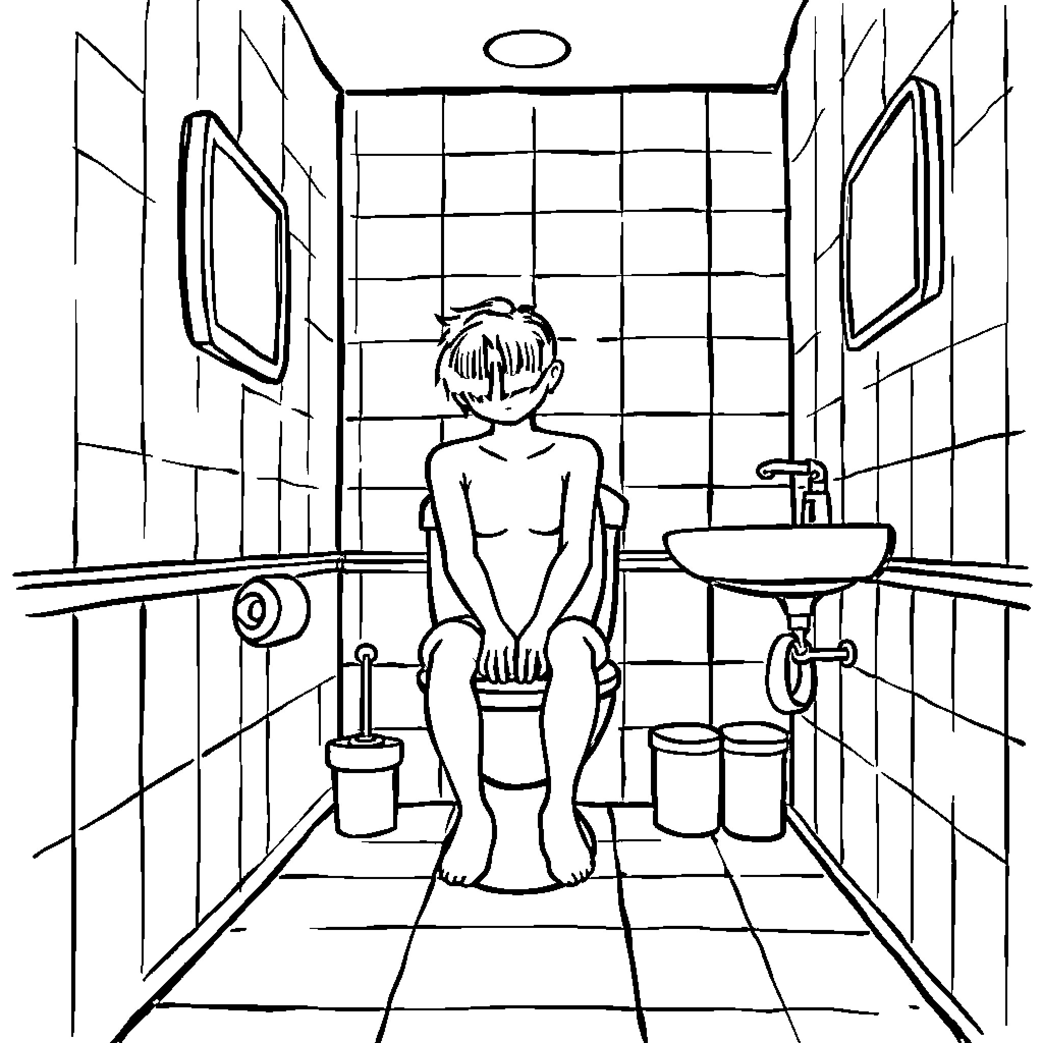 Person sitting alone in a bathroom Coloring Page (free black-and-white line drawing printable PDF for all, from beginners to advanced learners, including children, teens, adults, and seniors)