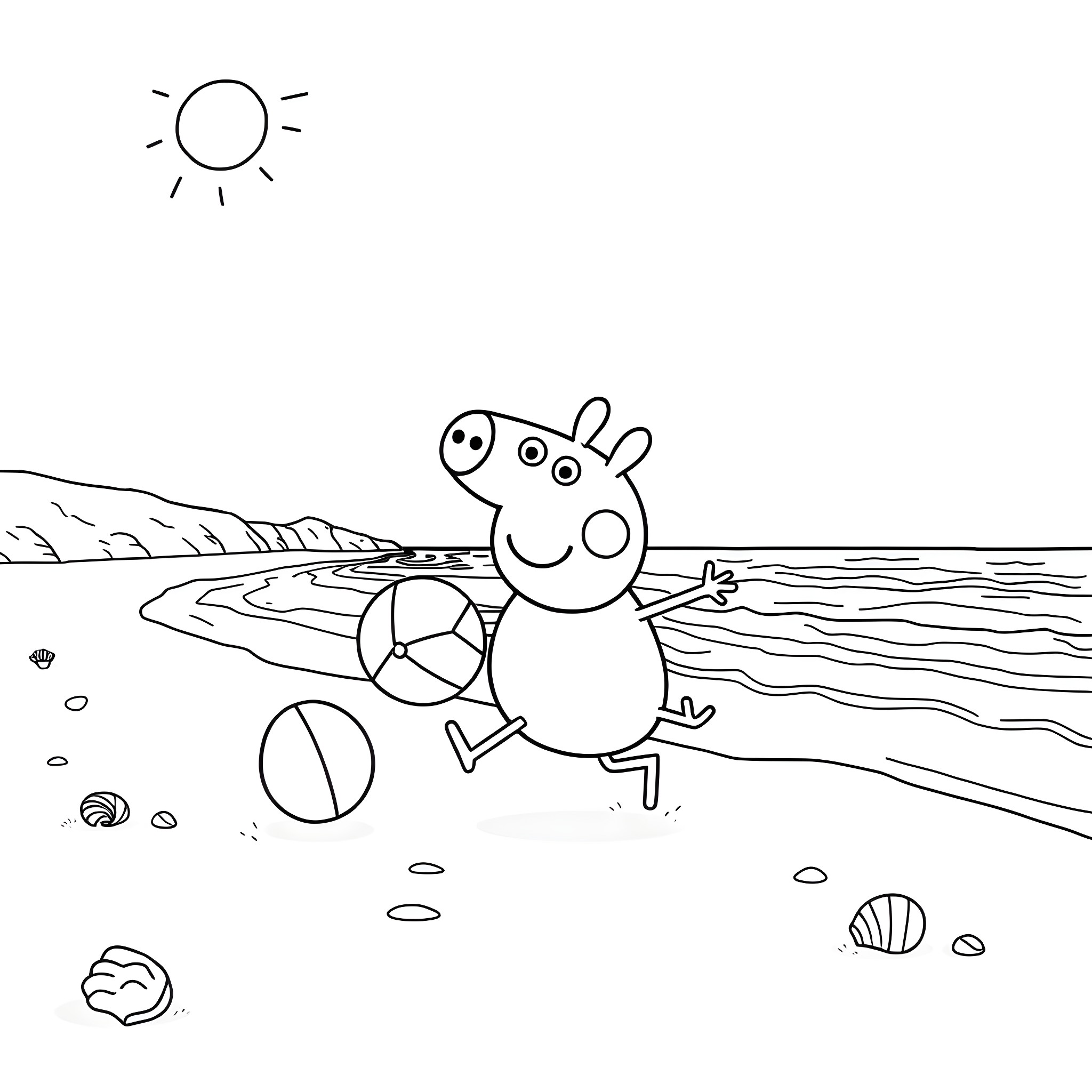 Peppa Pig playing on the beach Coloring Page (free black-and-white line drawing printable PDF for all, from beginners to advanced learners, including children, teens, adults, and seniors)
