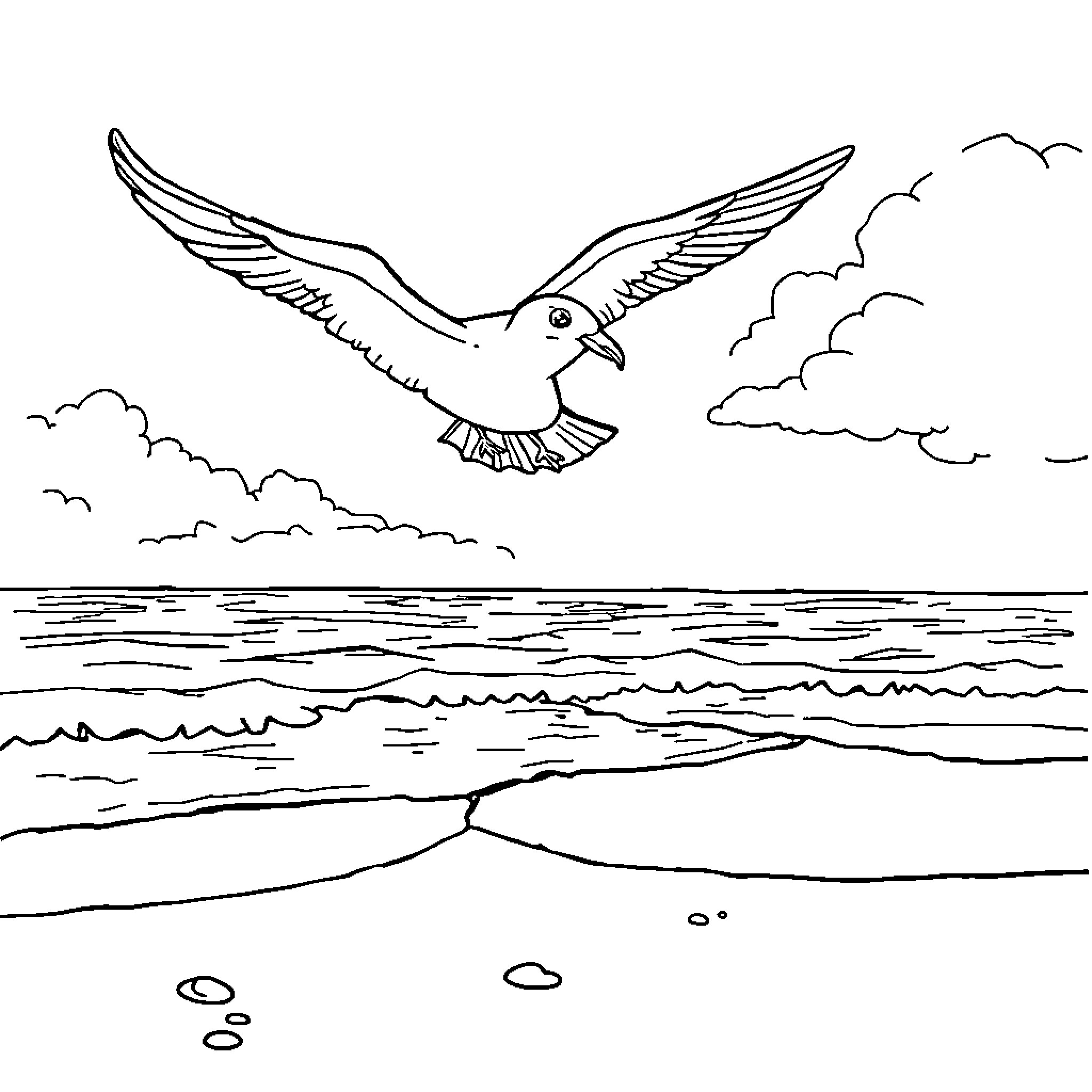 Seagull soaring gracefully over the ocean Coloring Page (free black-and-white line drawing printable PDF for all, from beginners to advanced learners, including children, teens, adults, and seniors)