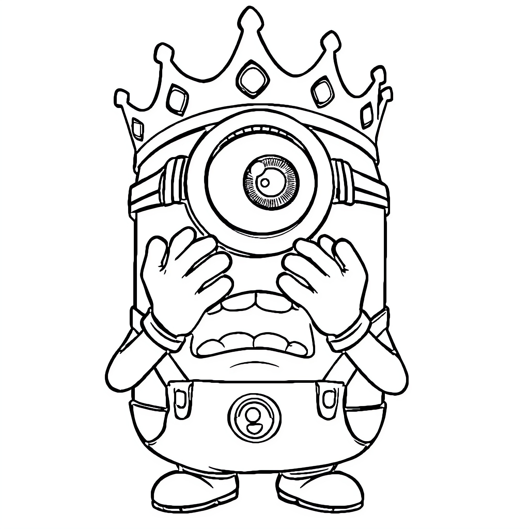 Minion wearing a crown and holding a camera Coloring Page (free black-and-white line drawing printable PDF for all, from beginners to advanced learners, including children, teens, adults, and seniors)
