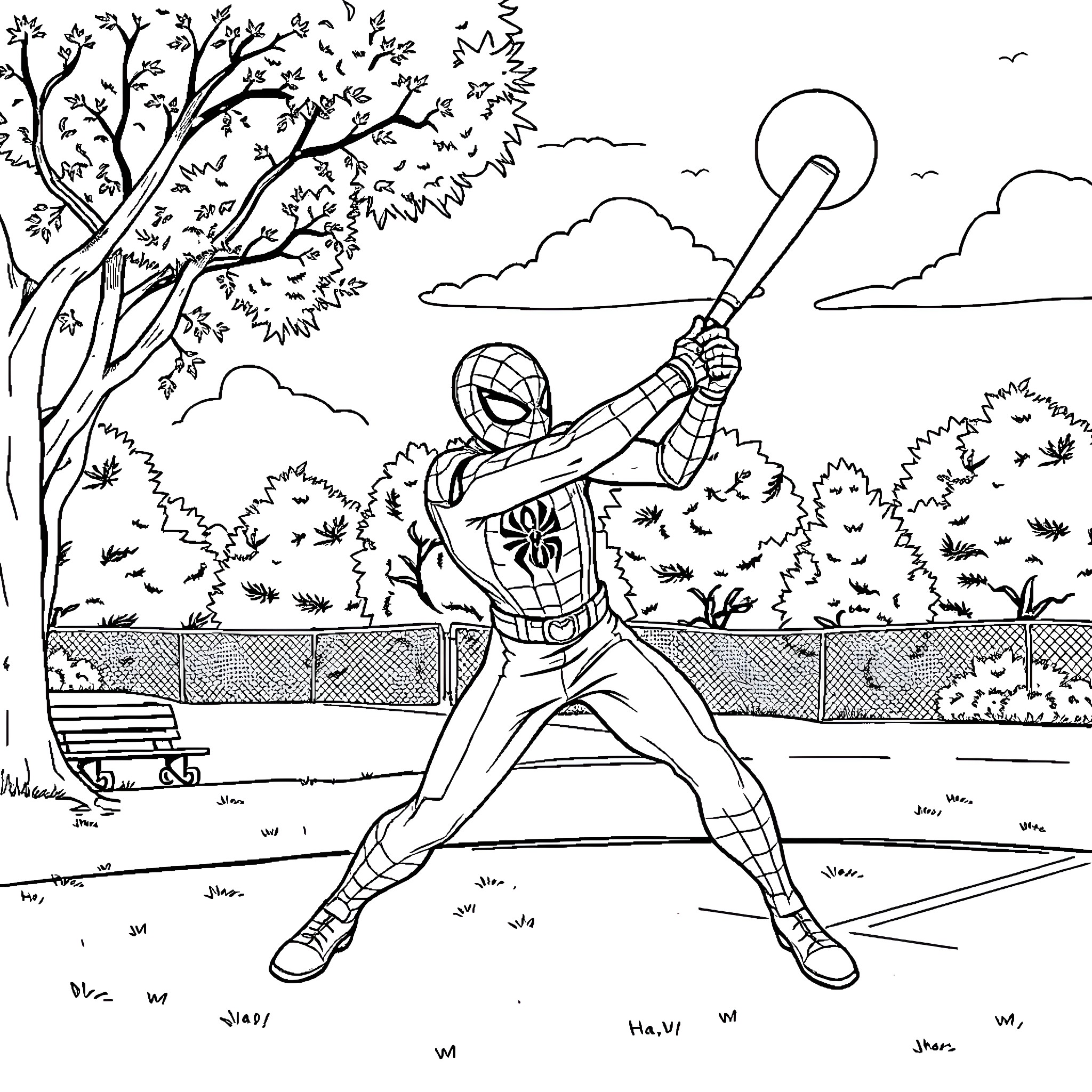 Spiderman swinging in action amid nature Coloring Page (free black-and-white line drawing printable PDF for all, from beginners to advanced learners, including children, teens, adults, and seniors)