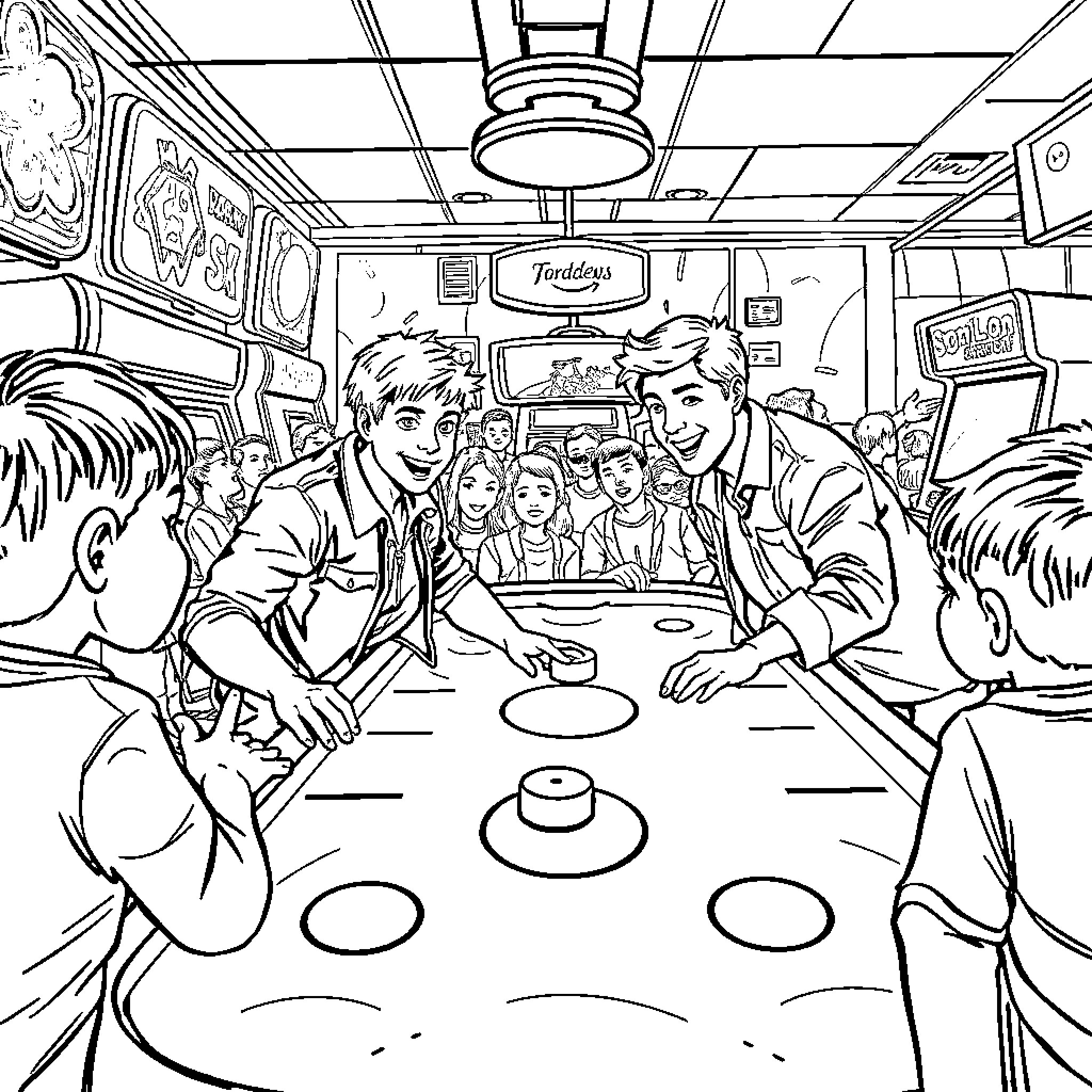 Sam Enjoying Time with Friends at the Diner Coloring Page (free black-and-white line drawing printable PDF for all, from beginners to advanced learners, including children, teens, adults, and seniors)